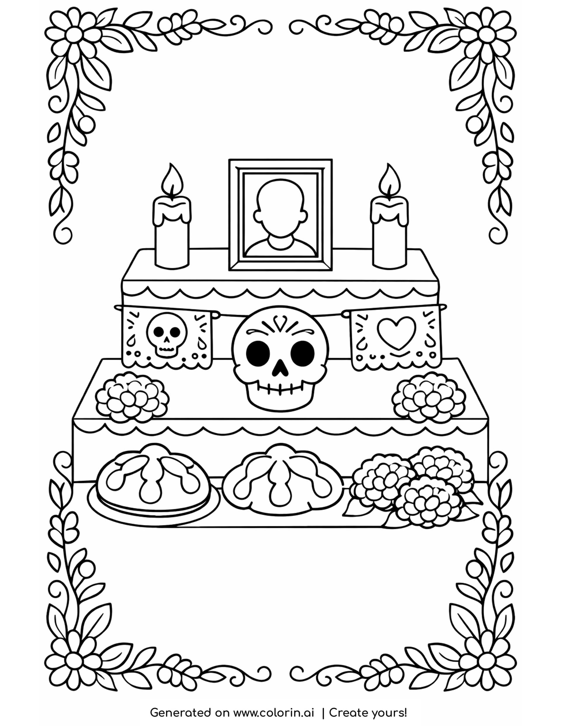 ofrenda coloring pages, two tier altar with a framed photo, candles, a sugar skull, pan de muerto and marigolds