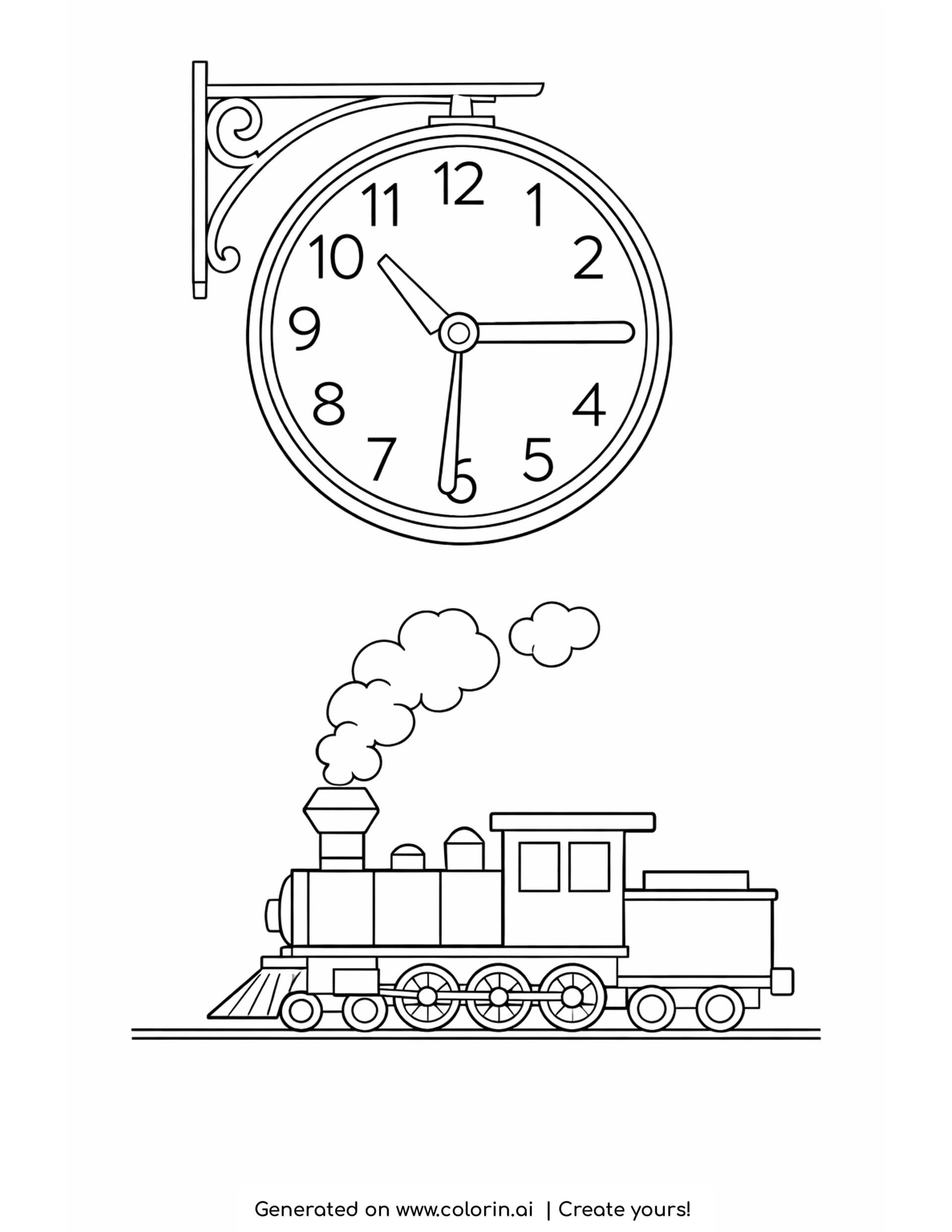 clock coloring pages: a round station clock on a scrolled iron bracket with twelve numbers, above a small steam engine