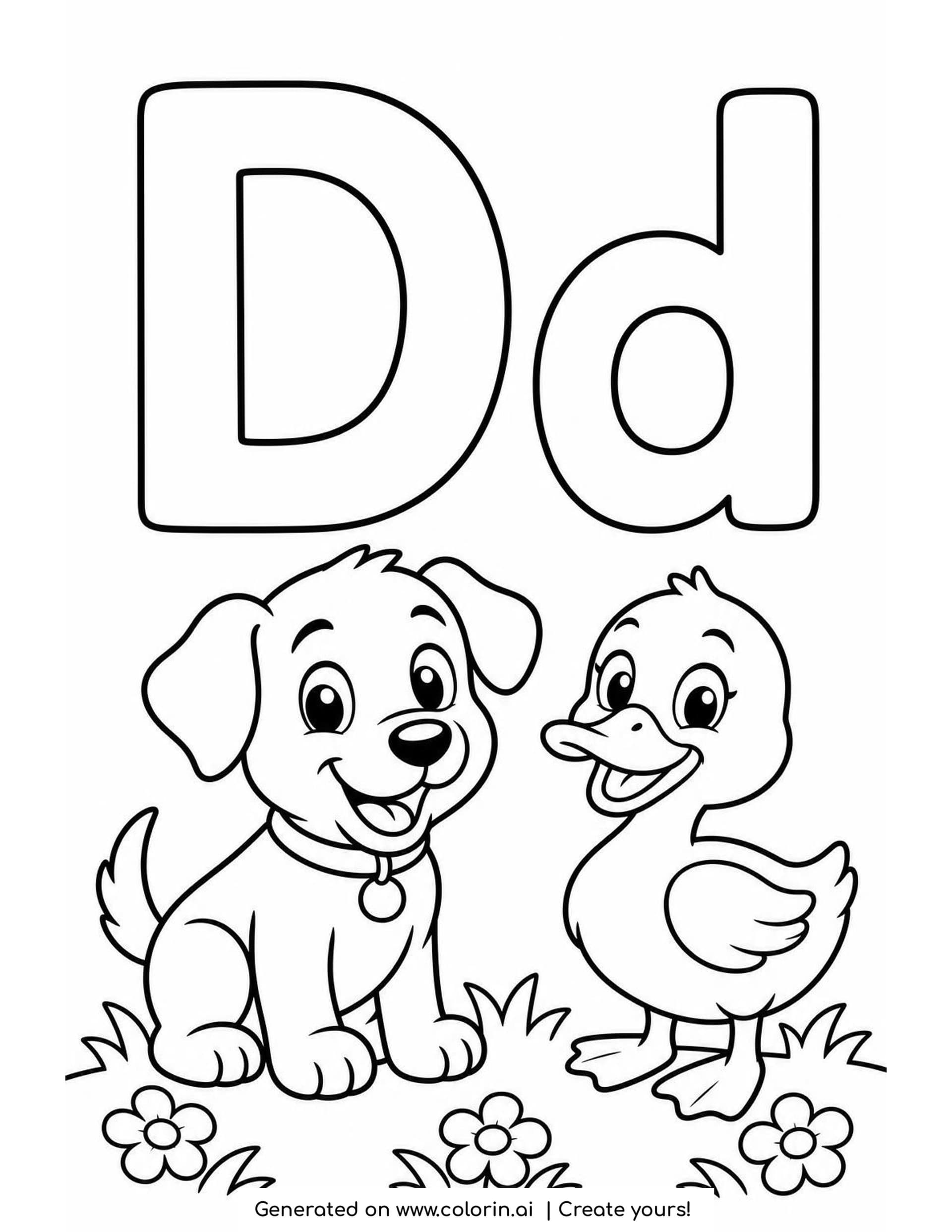 A letter D coloring page with a hollow capital D and lowercase d above a smiling dog in a collar and a duck standing in the grass among three flowers
