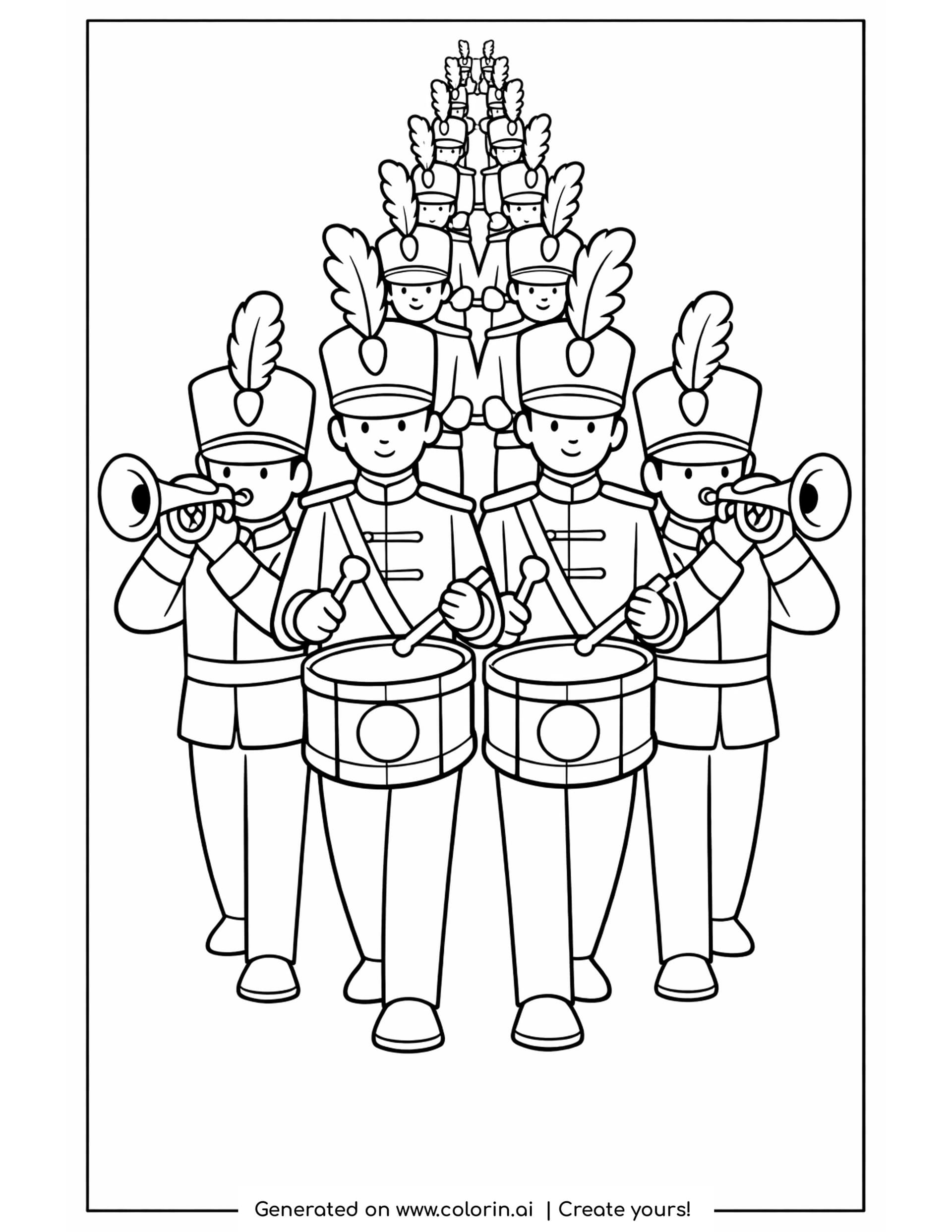 marching band coloring pages - ten musicians in plumed hats marching forward with snare drums and trumpets