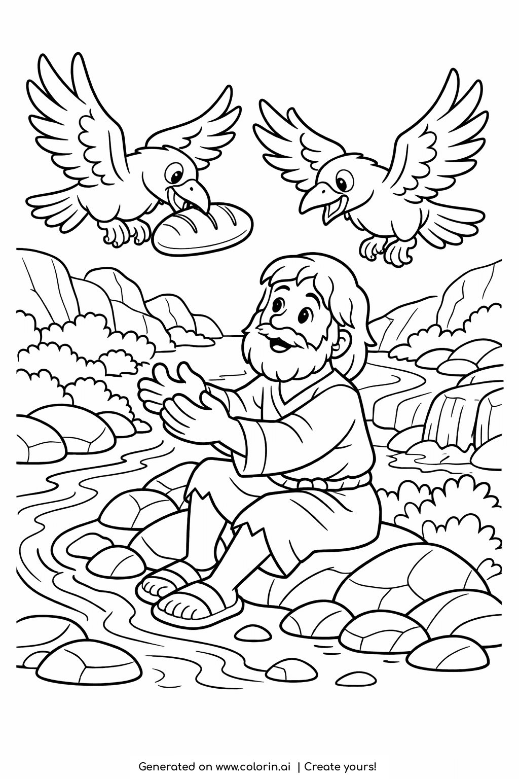 bible stories coloring pages, Elijah resting by a brook as two ravens fly down to bring him bread