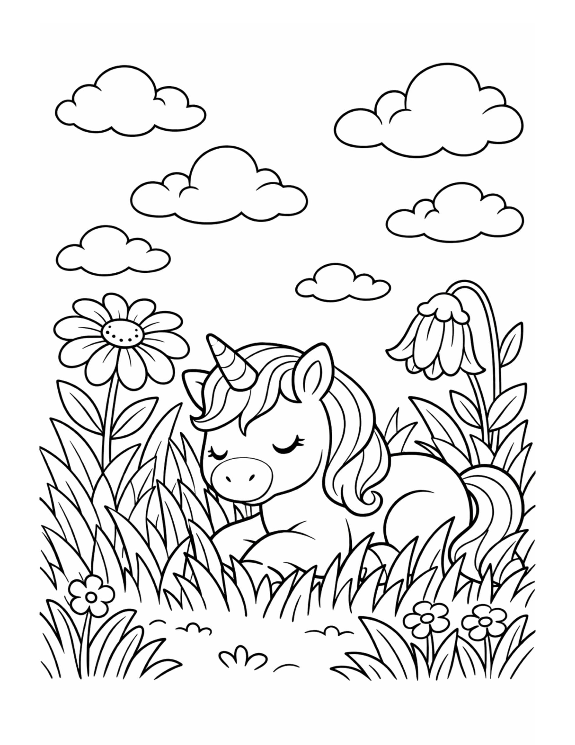 sleeping unicorn in a grassy meadow coloring page with flowers clouds and a peaceful fantasy scene
