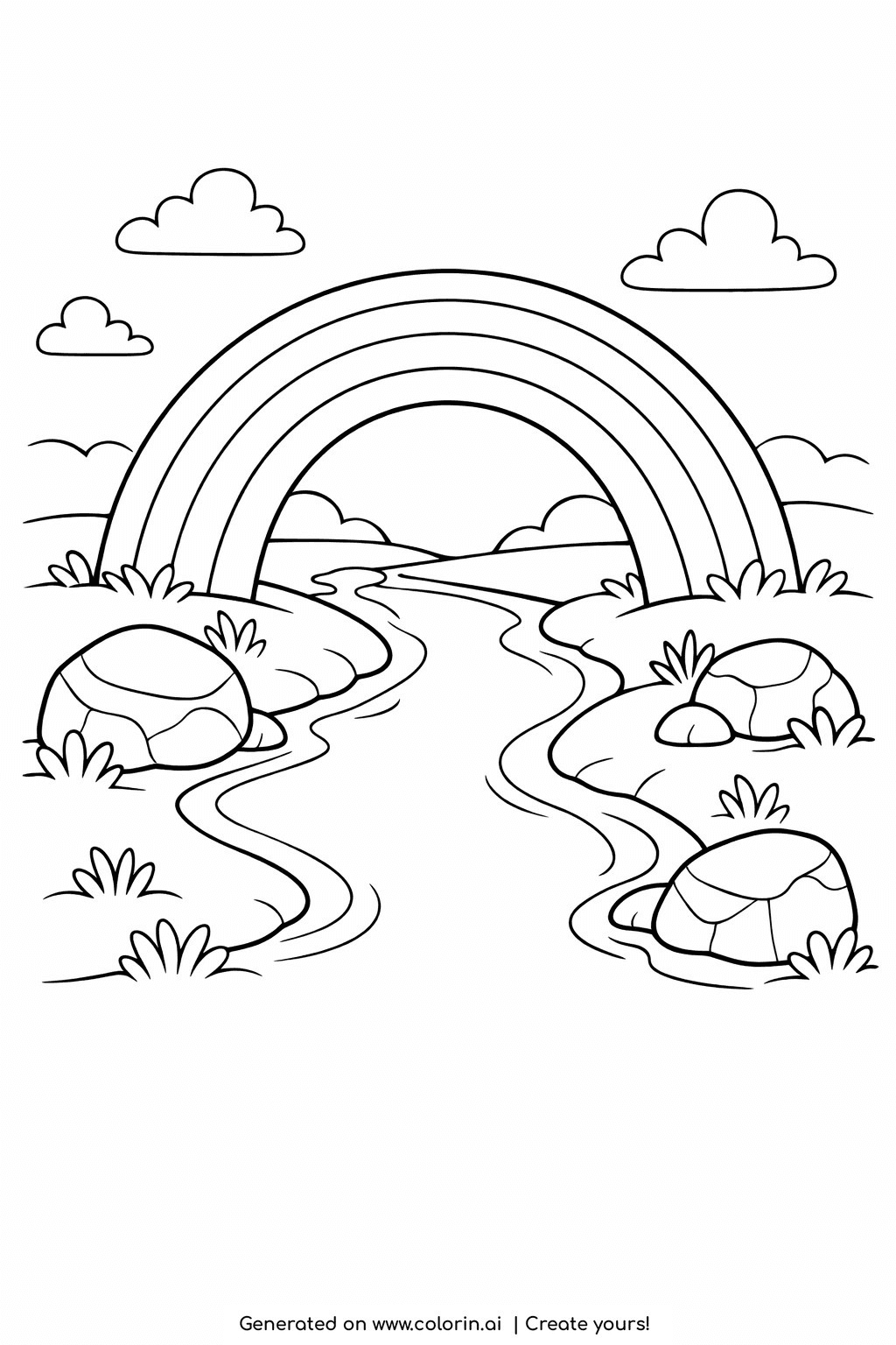 printable rainbow coloring pages, a rainbow forming a bridge-like arch over a little stream with mossy rocks and grassy banks
