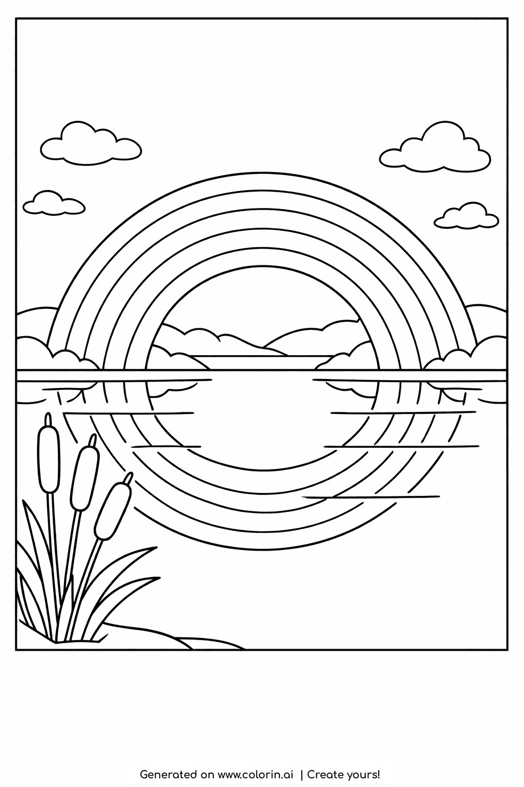 rainbow coloring pages, a rainbow arching over a still lake, its colors mirrored on the calm water with reeds at the edge