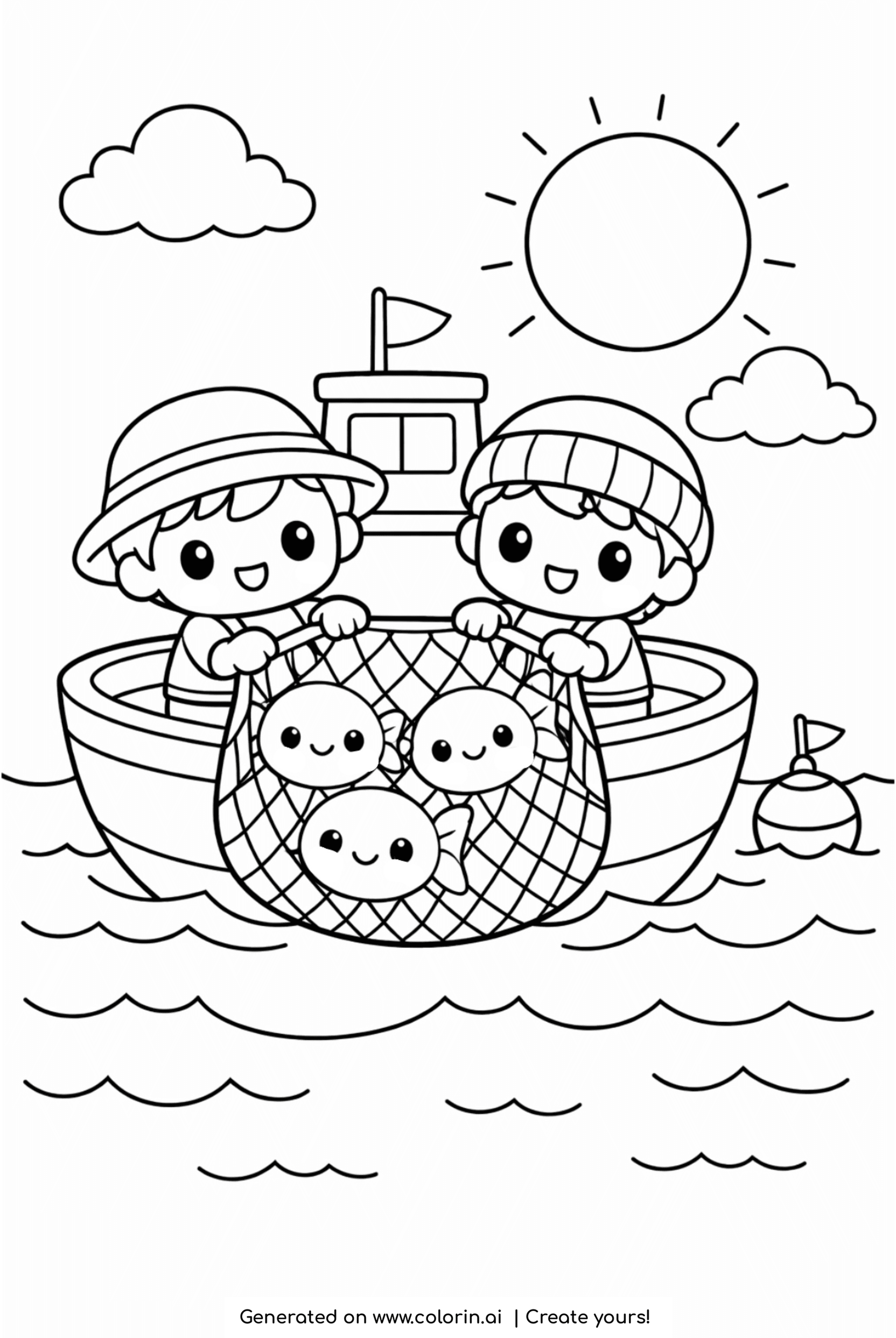 kids bible coloring pages, two cheerful children in a boat hauling a net full of smiling fish under the sun