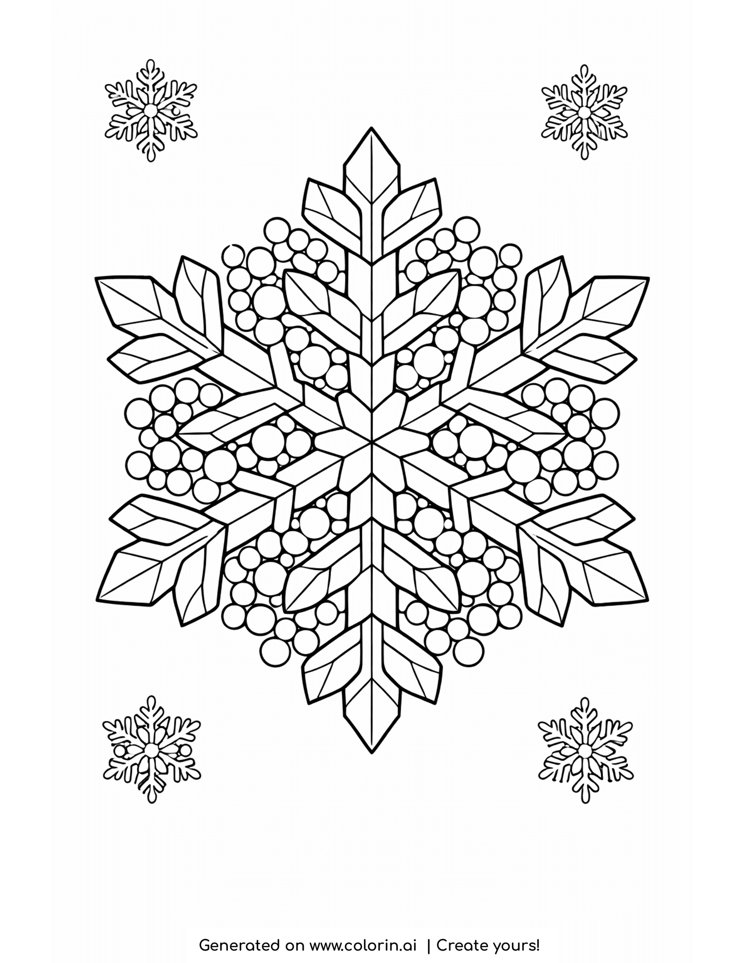 snowflake coloring pages, a delicate six-armed snowflake with crystal patterns and small berries