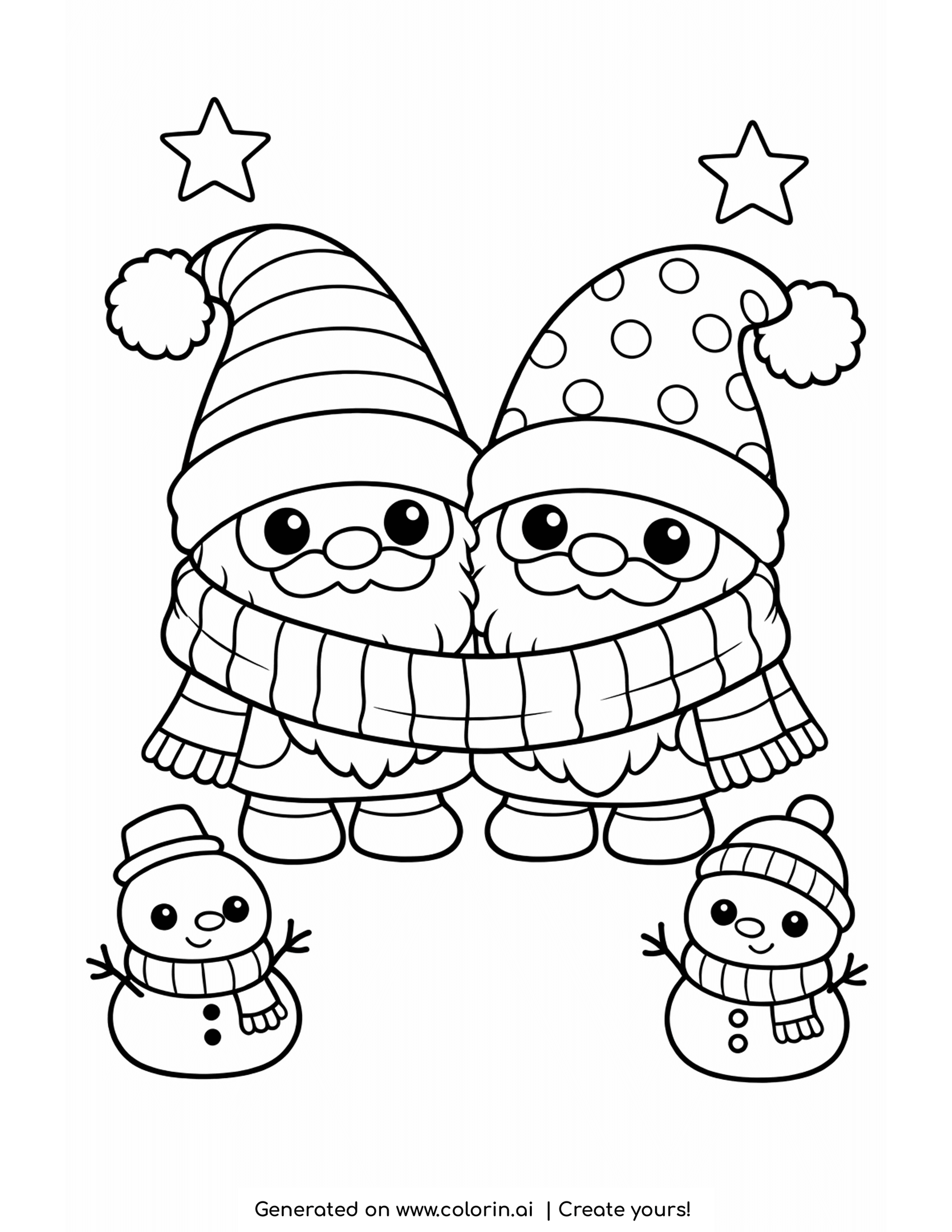 winter gnome coloring pages, two cute gnomes in tall hats wrapped in one striped scarf under a starry sky