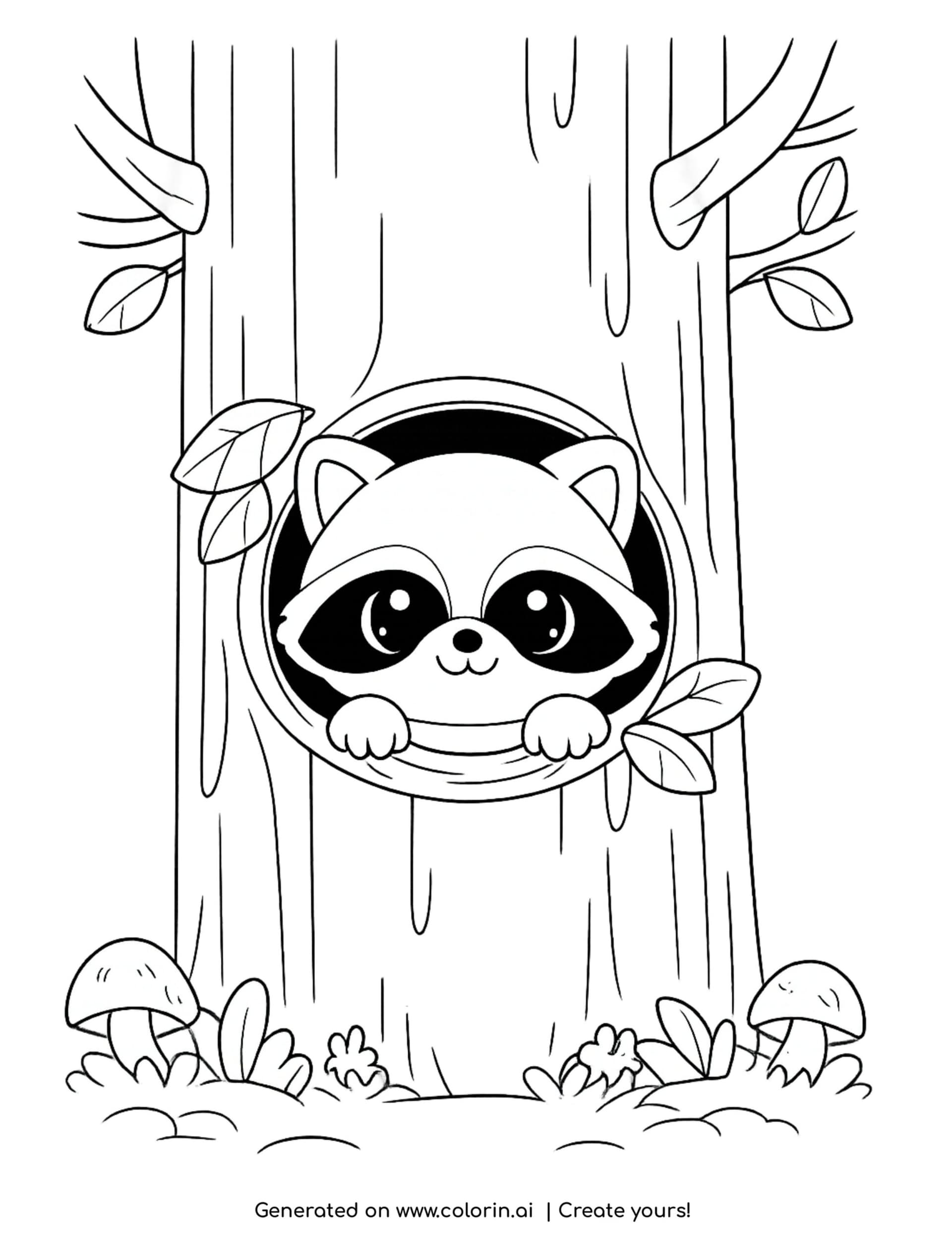 cute raccoon coloring pages, a raccoon peeking out of a round tree hole with mushrooms and leaves below