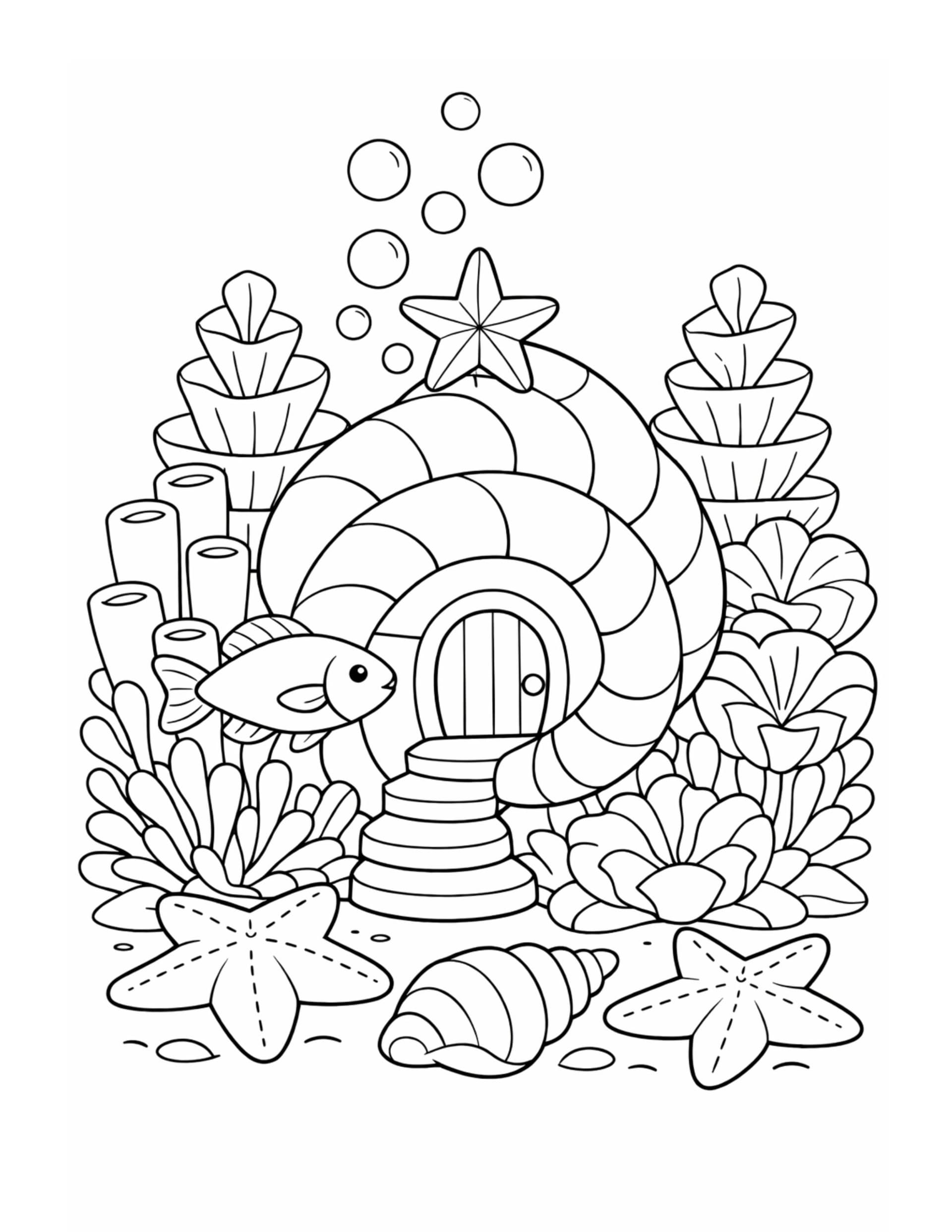 seashell house with fish coloring page showing a shell home, bubbles, coral plants, and starfish coloring page