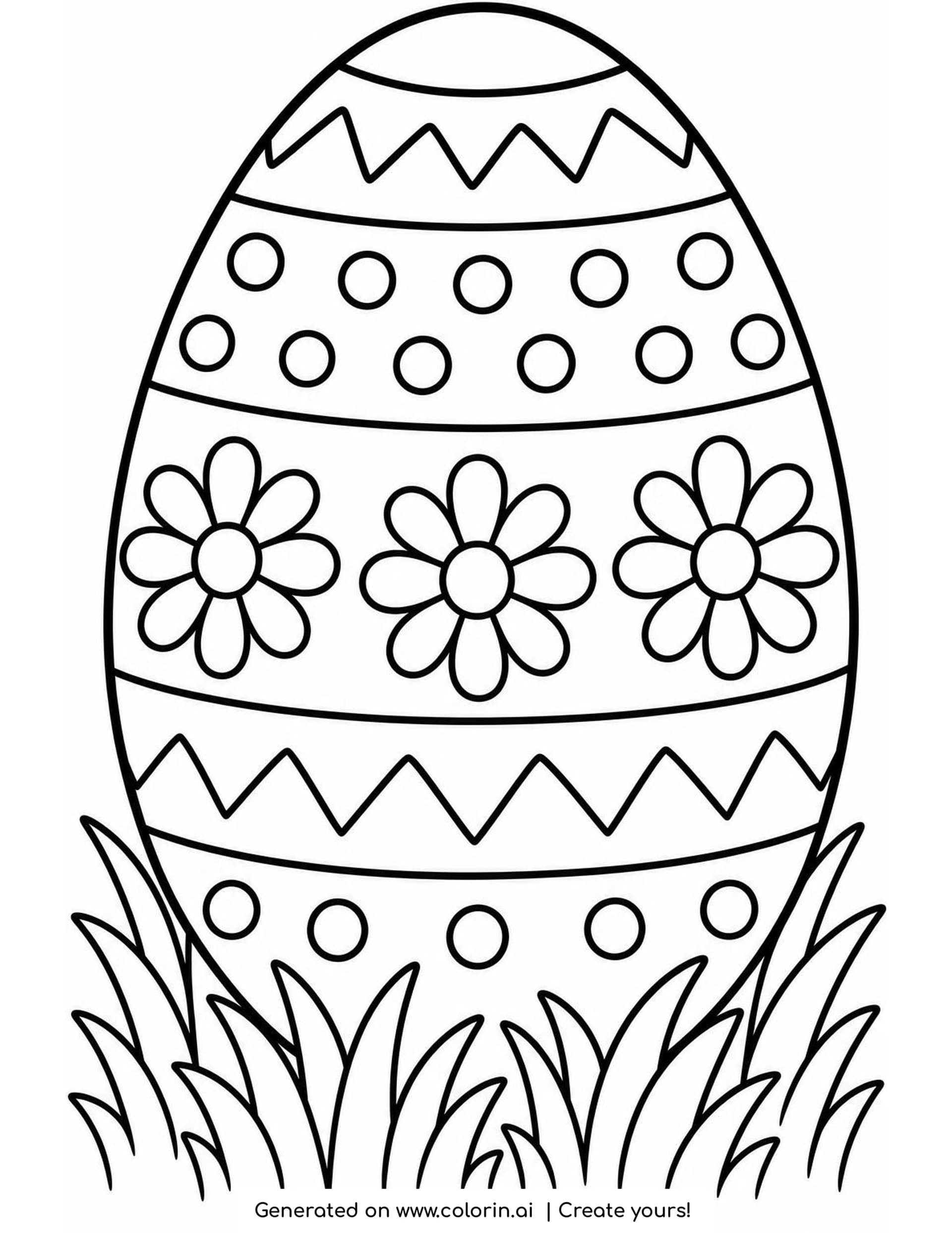 Easter egg coloring page with one large upright egg decorated in bands of zigzags, polka dots and daisies, resting in a clump of grass