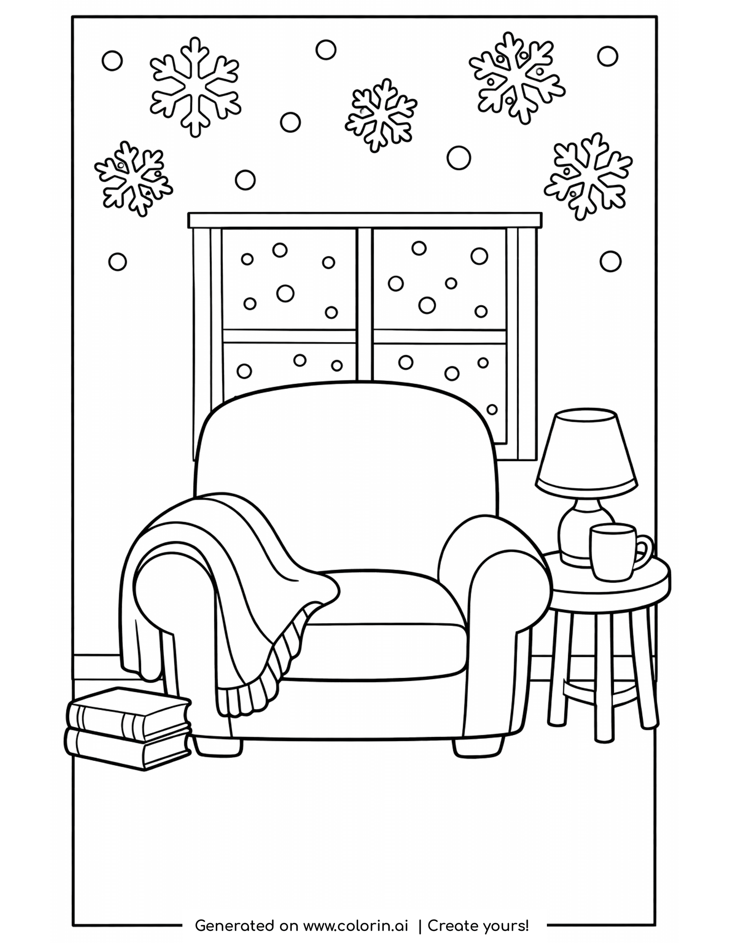 cozy winter coloring pages, armchair with a draped blanket, side table lamp and books by a snowy window