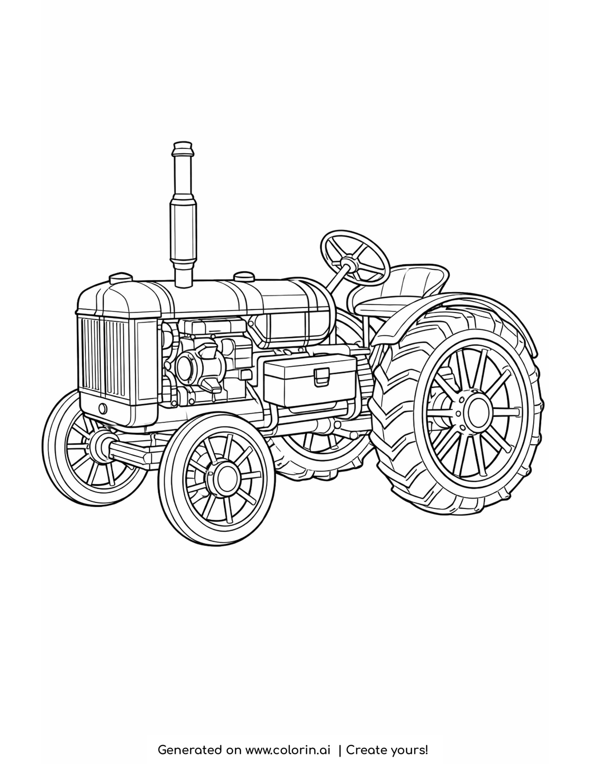 vintage tractor coloring pages: an old farm tractor from the side with an exposed engine and spoked wheels