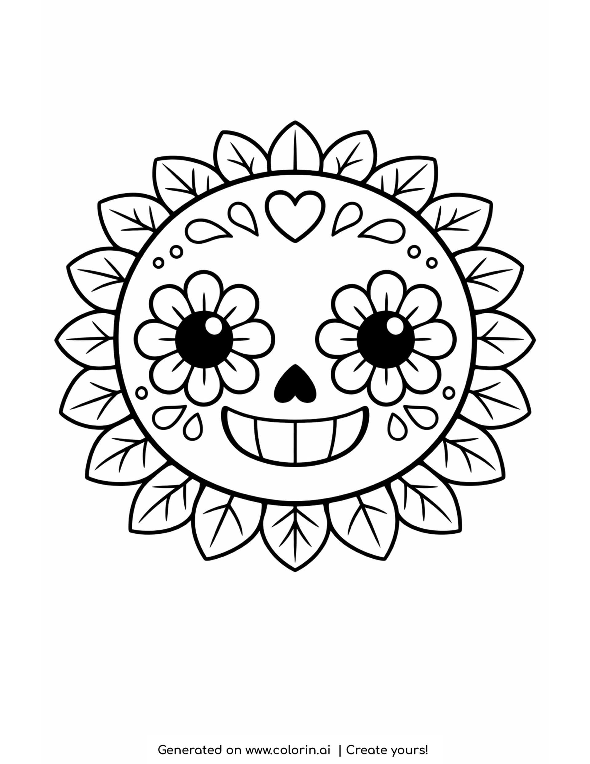 sugar skull coloring pages, round smiling calavera with flower eyes and a heart on the forehead inside a ring of petals