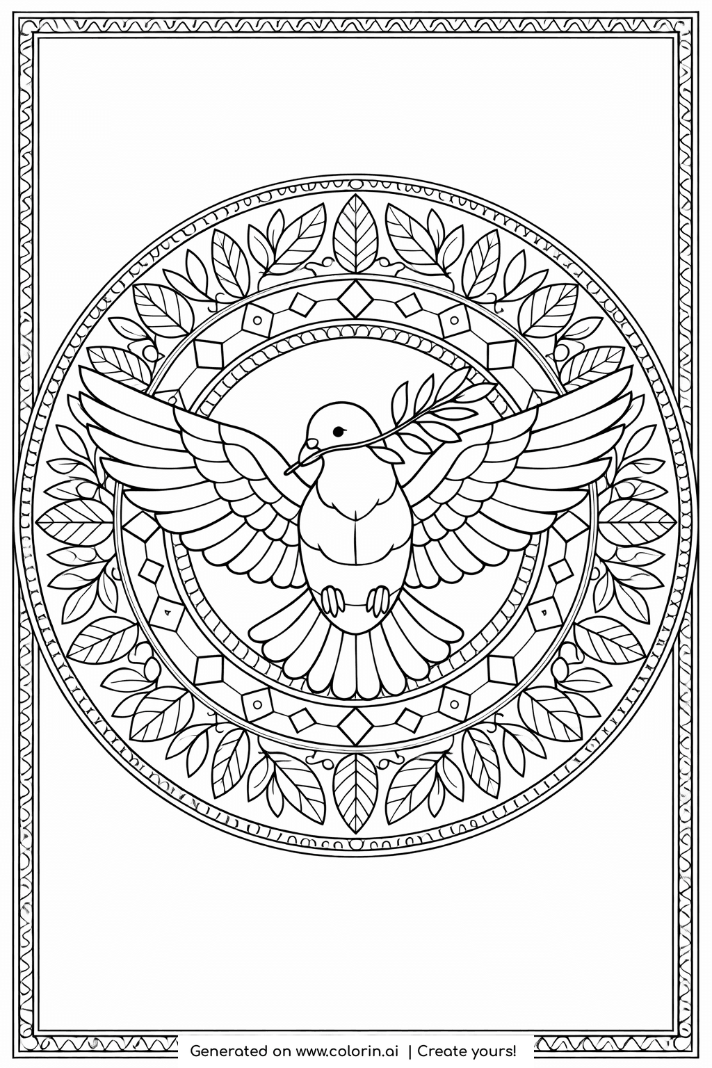 bible verse coloring pages, dove of peace with an olive branch at the center of a leafy diamond mandala