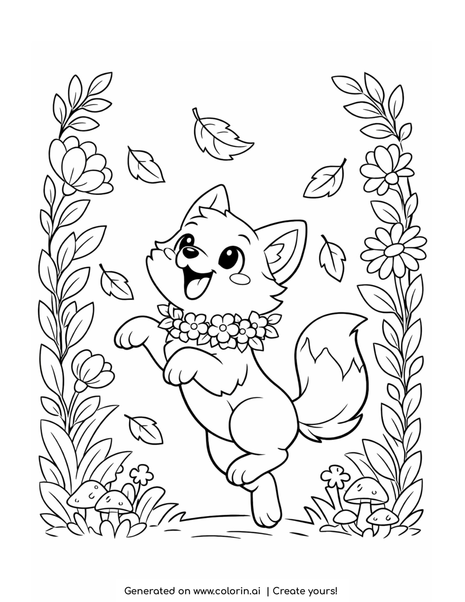 fox coloring pages, a fox reaching for a falling leaf among autumn leaves