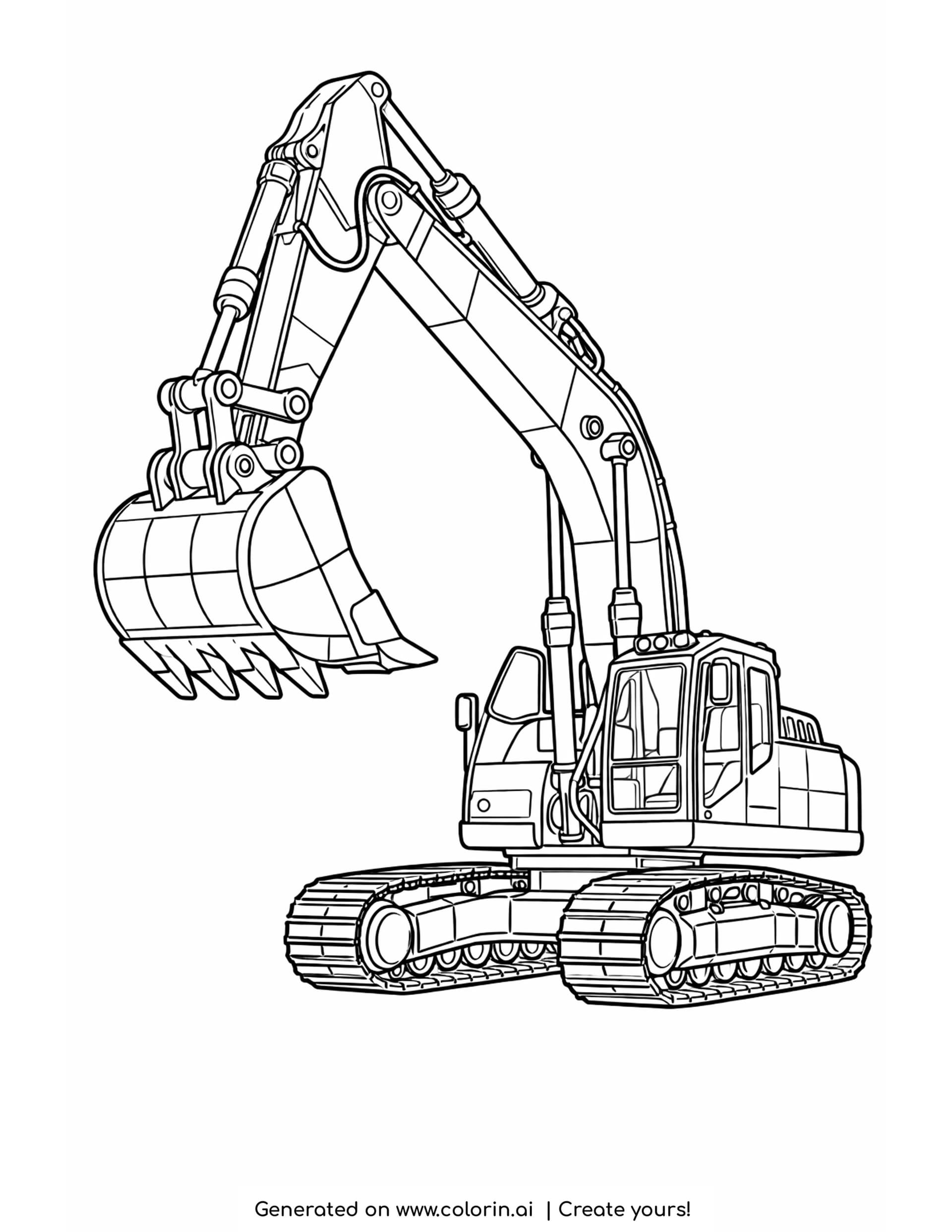 detailed excavator coloring pages: a tracked excavator with its arm raised and a five toothed bucket held high