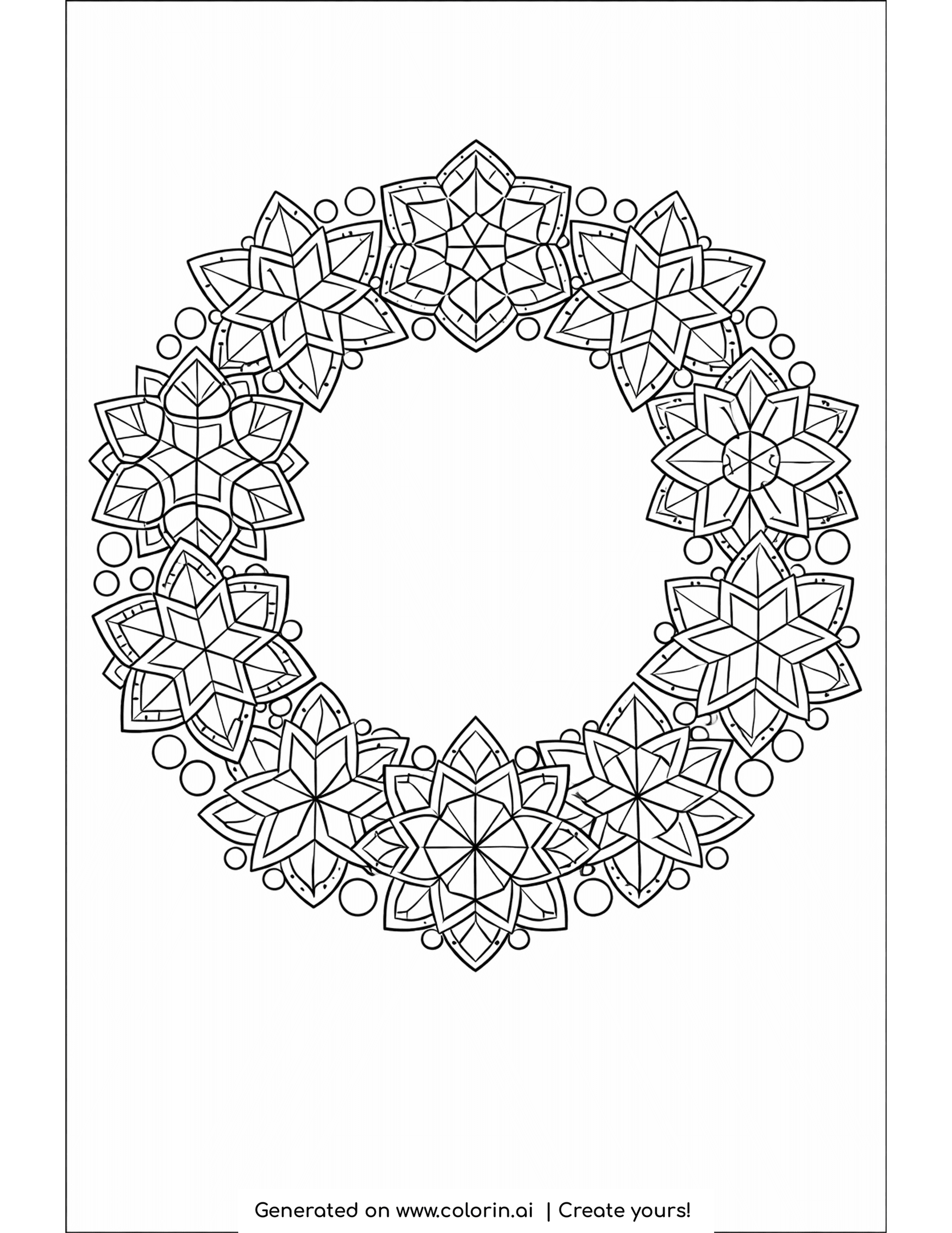 snowflake coloring pages, a round wreath built from geometric snowflakes and stars