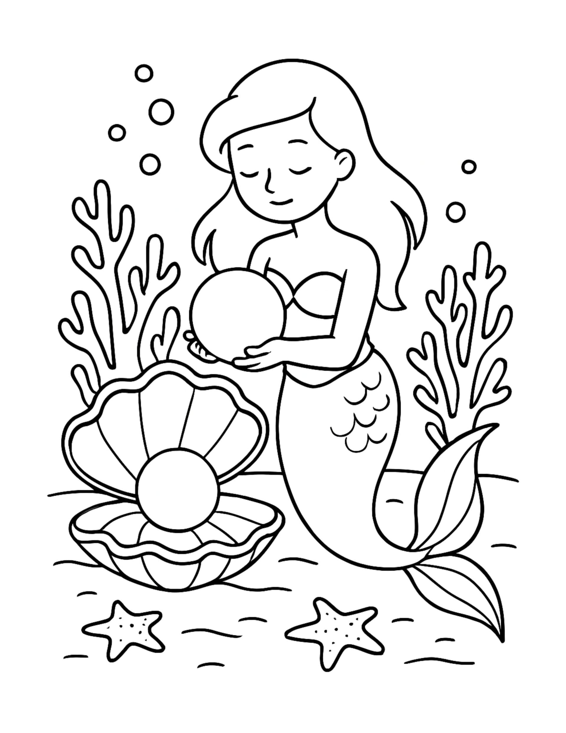 mermaid holding pearl near clam coloring page with an open shell, bubbles, coral shapes, and starfish coloring page