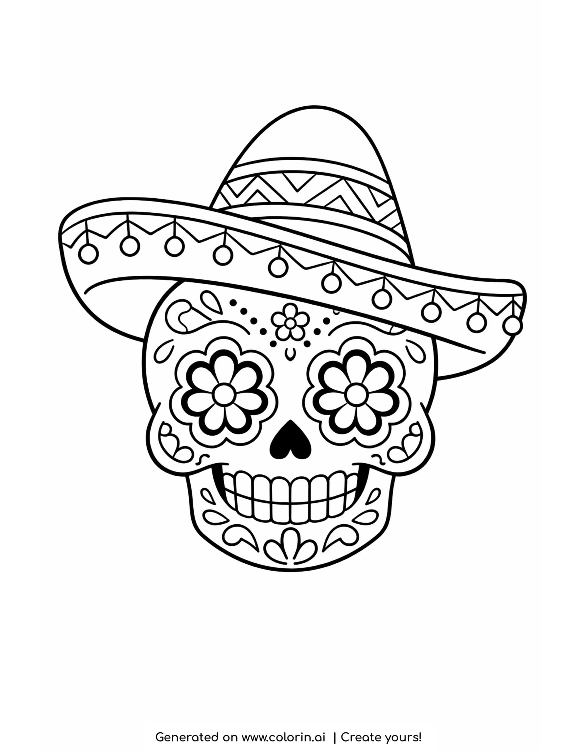 sugar skull with a sombrero coloring pages, calavera wearing a wide patterned sombrero with pom pom trim and flower eyes