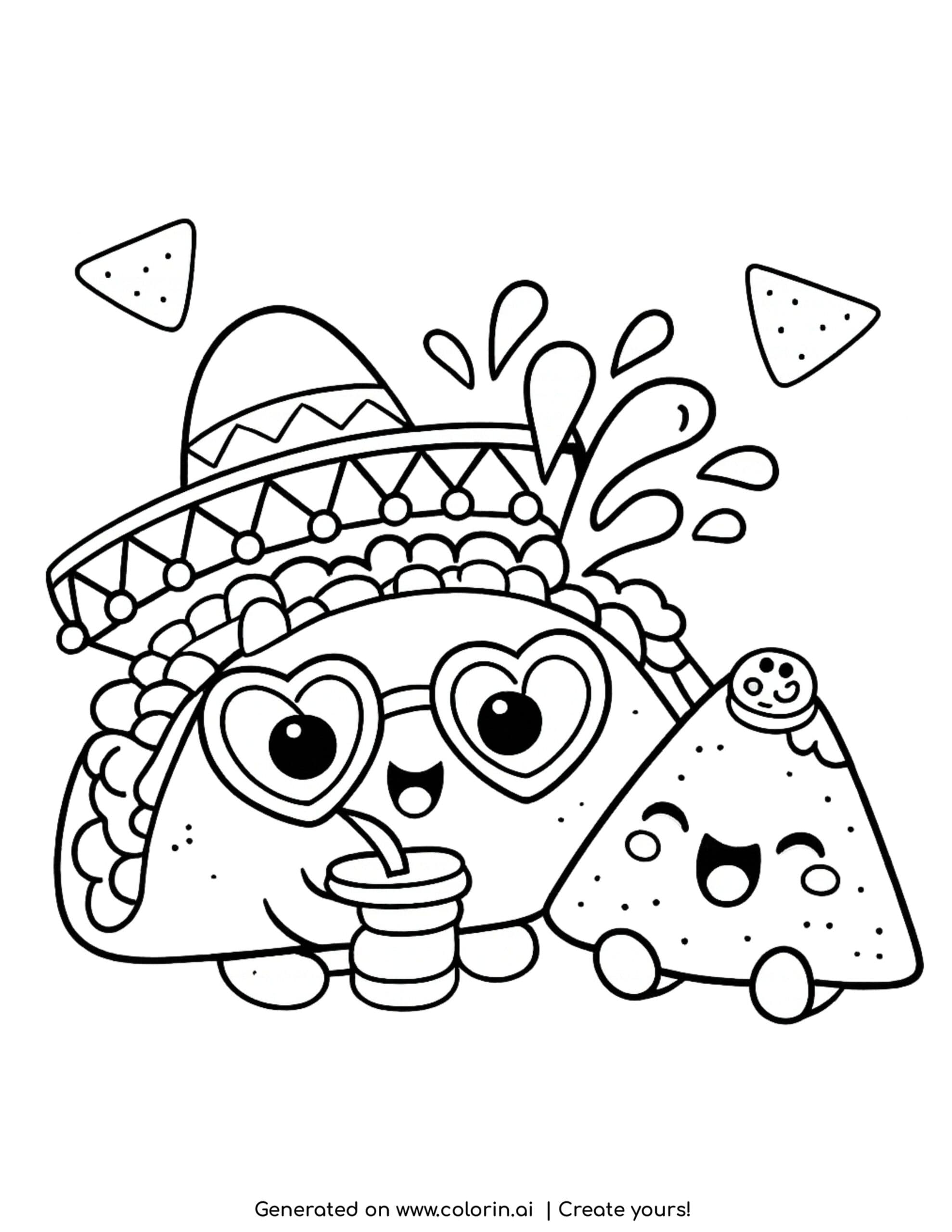 taco holding a drink coloring page with smiling nacho and sombrero