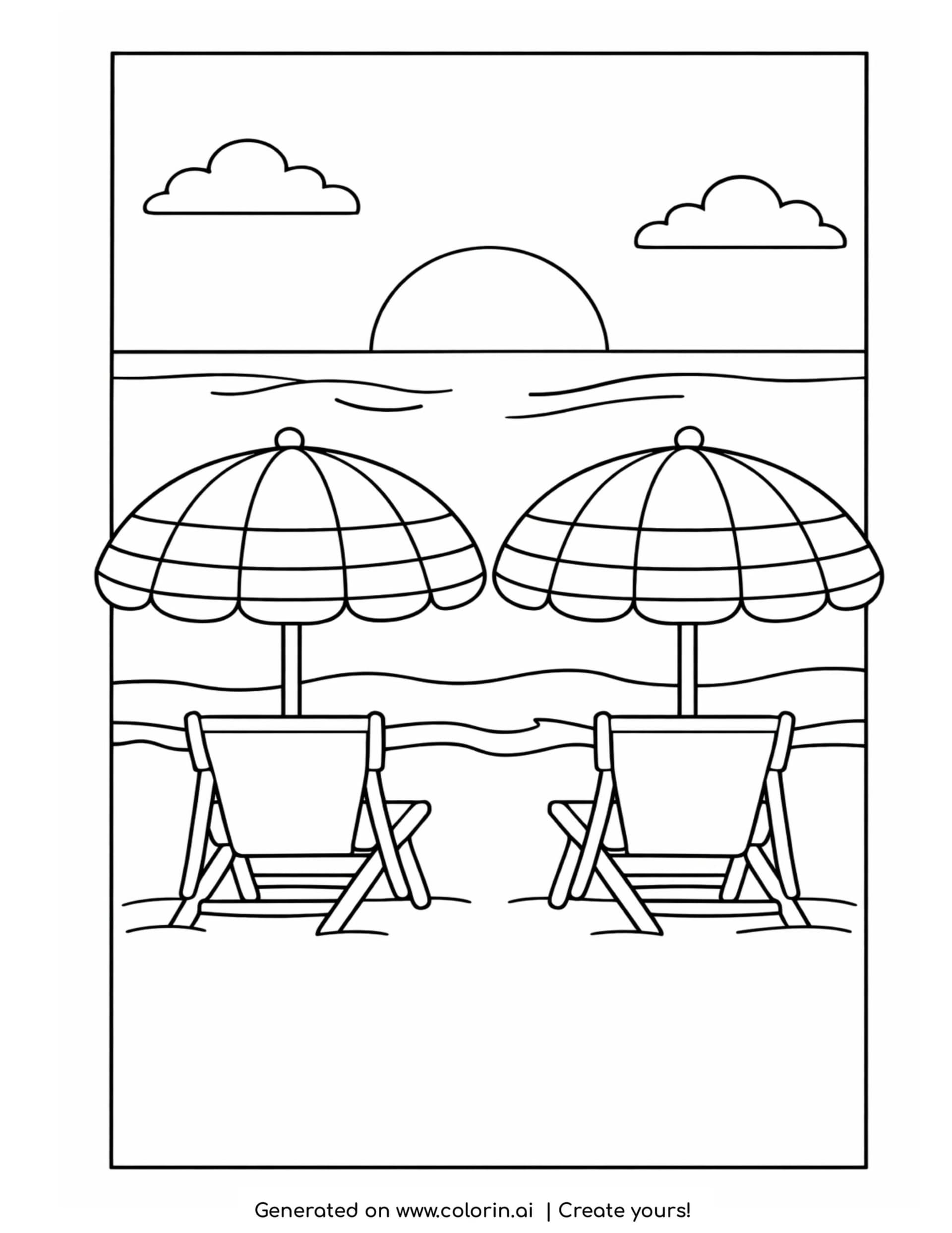beach chairs under umbrellas by ocean coloring page with sunset and waves