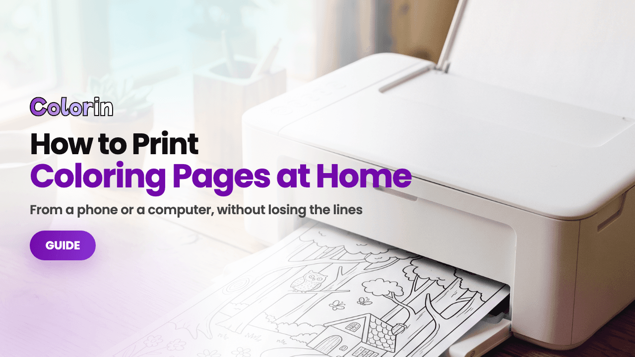 How to Print Coloring Pages at Home: a home printer feeding out a coloring page