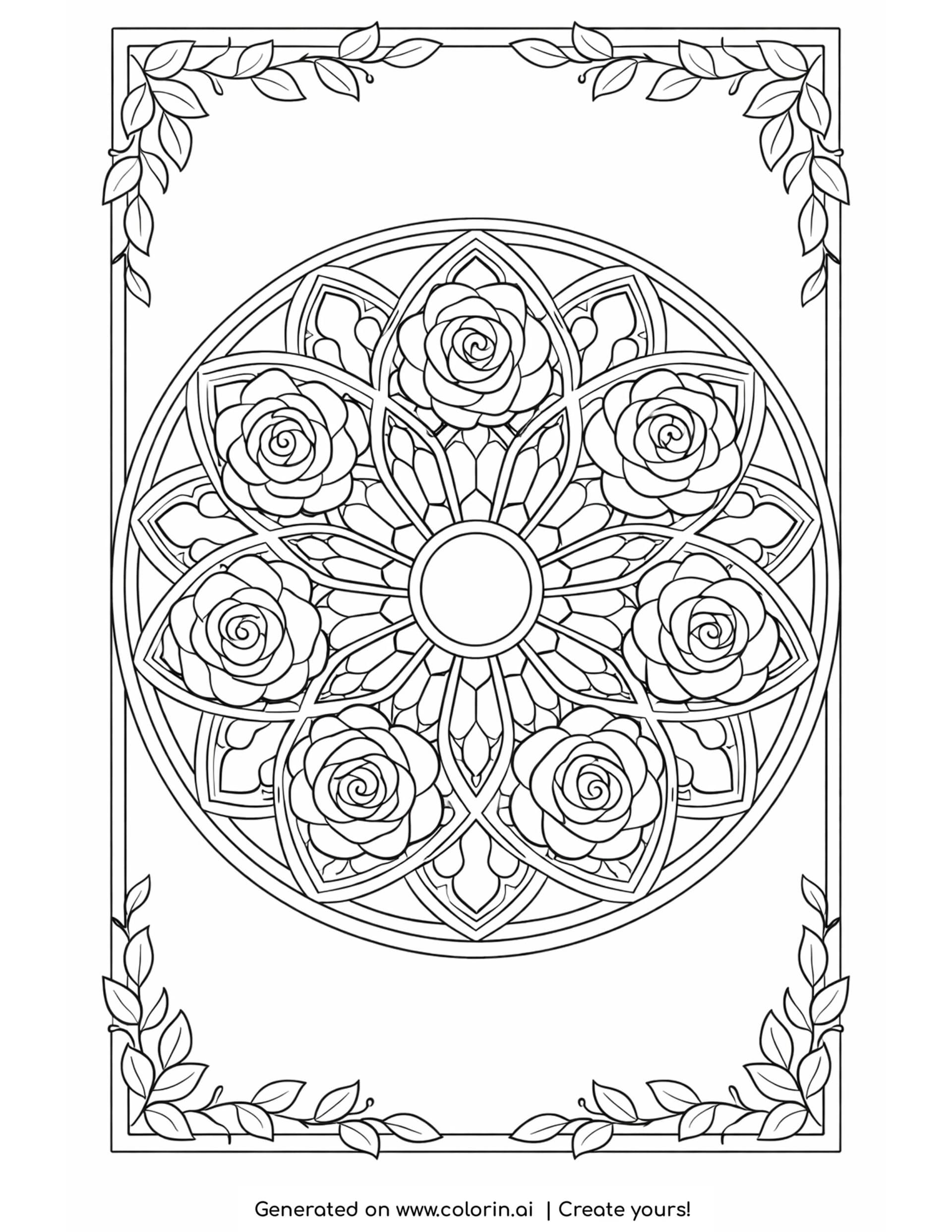 gothic coloring pages, an ornate circular cathedral rose window with symmetrical roses and a leafy border