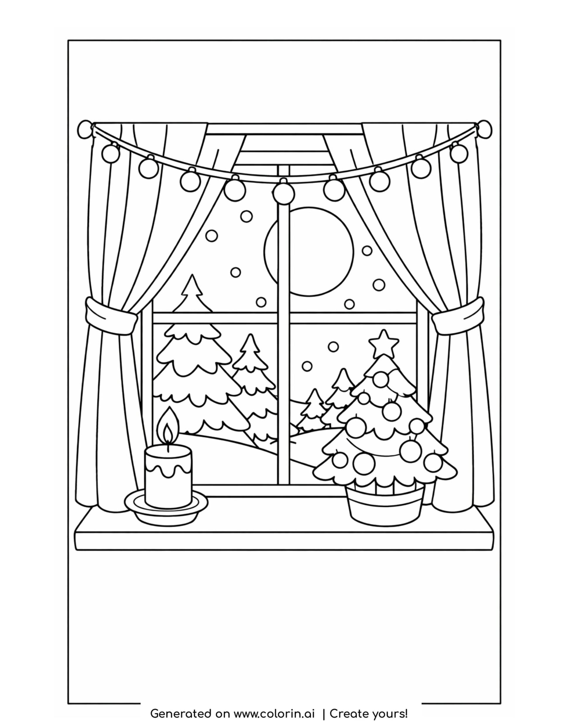 christmas coloring pages printable, a window with curtains, a candle, a small tree, and a snowy view with a moon