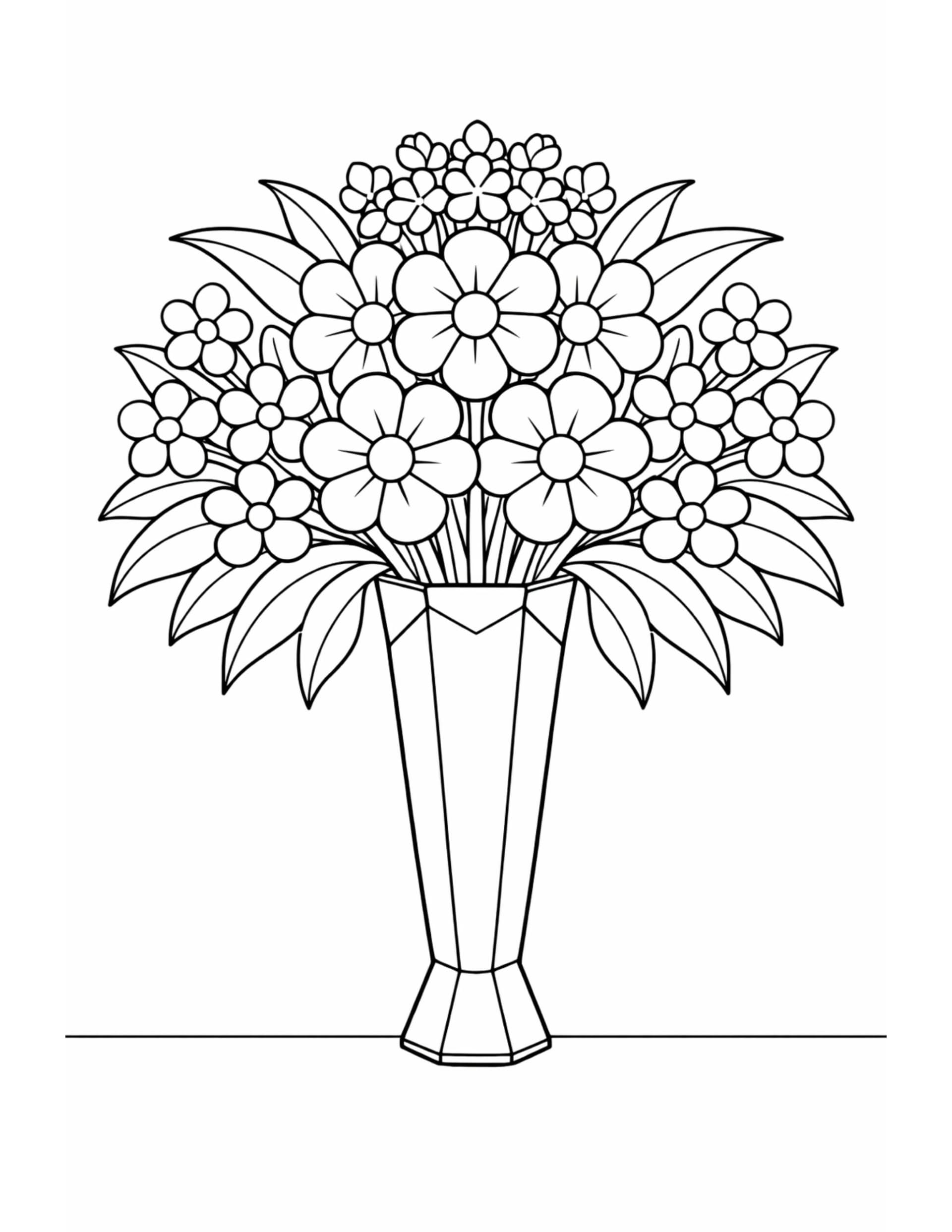 tall vase flower bouquet coloring page with a slim vase filled with simple flowers and leafy stems coloring page