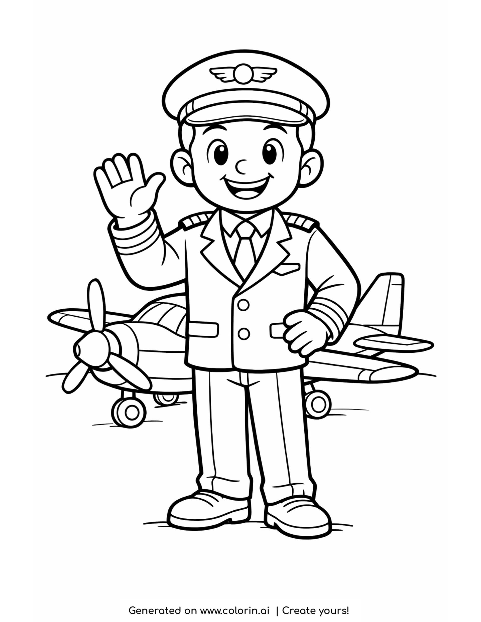 pilot coloring pages — smiling pilot in a peaked cap waving with a small propeller plane behind