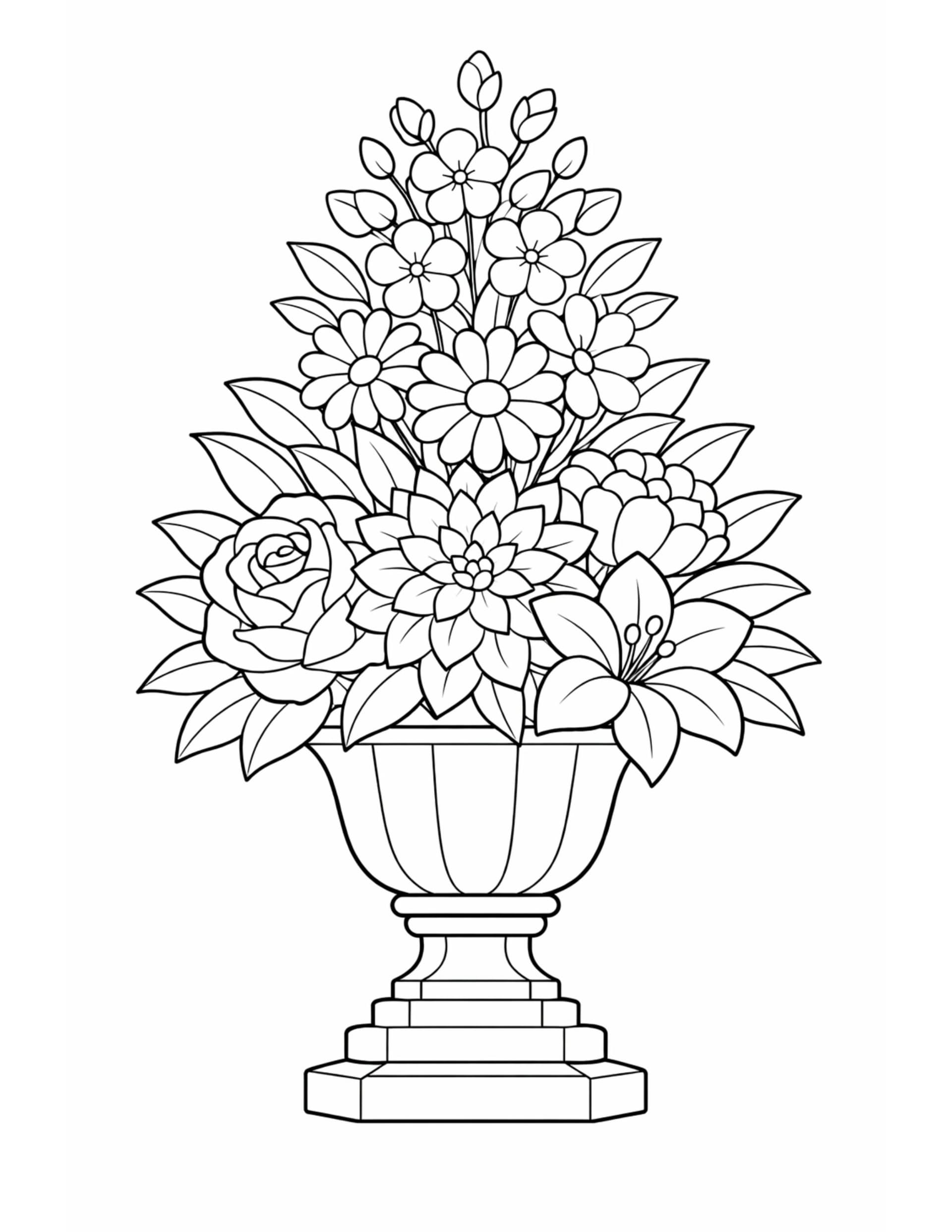 floral urn on pedestal coloring page with a tall urn filled with mixed blossoms and leafy stems coloring page