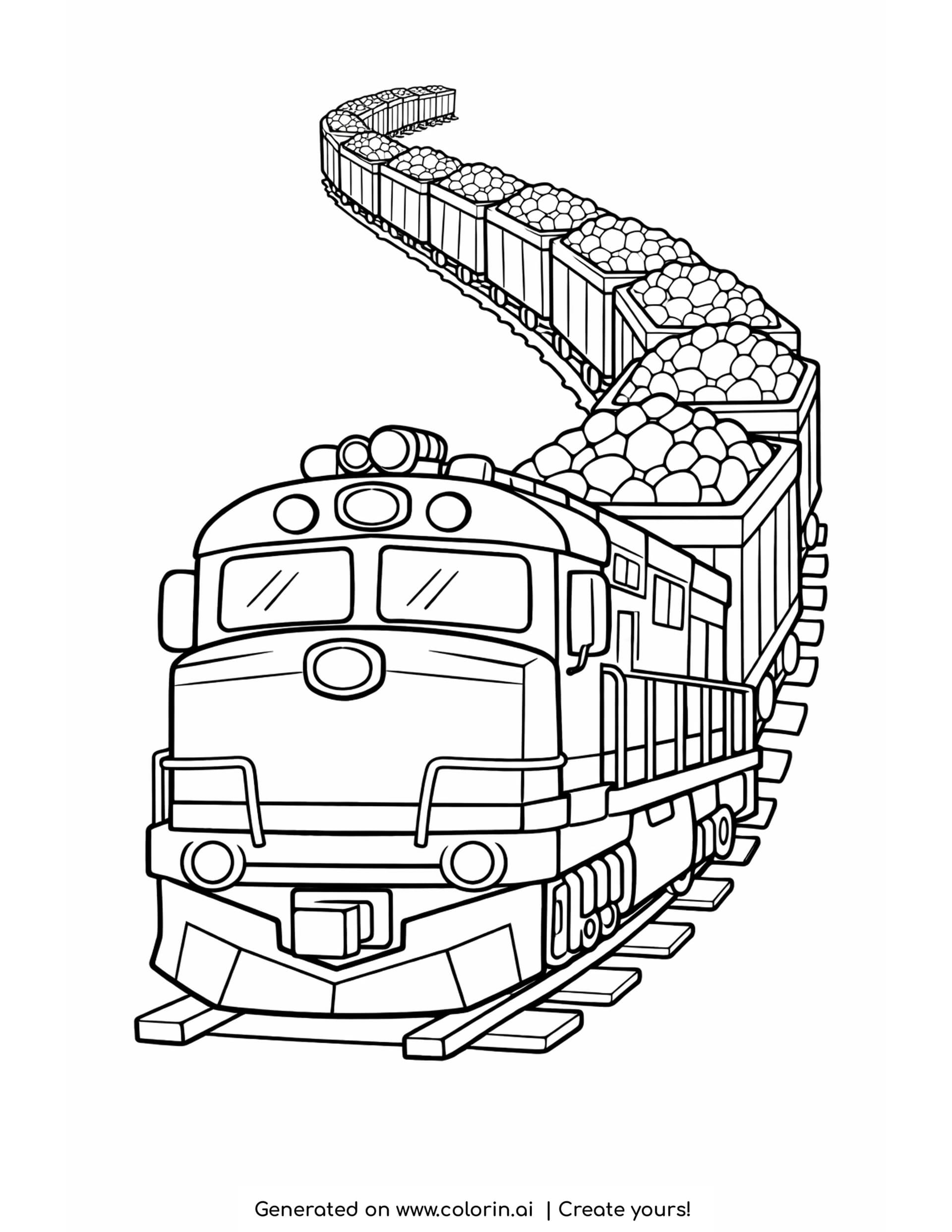 coal train coloring pages: a diesel locomotive head on with hopper cars heaped full of coal lumps