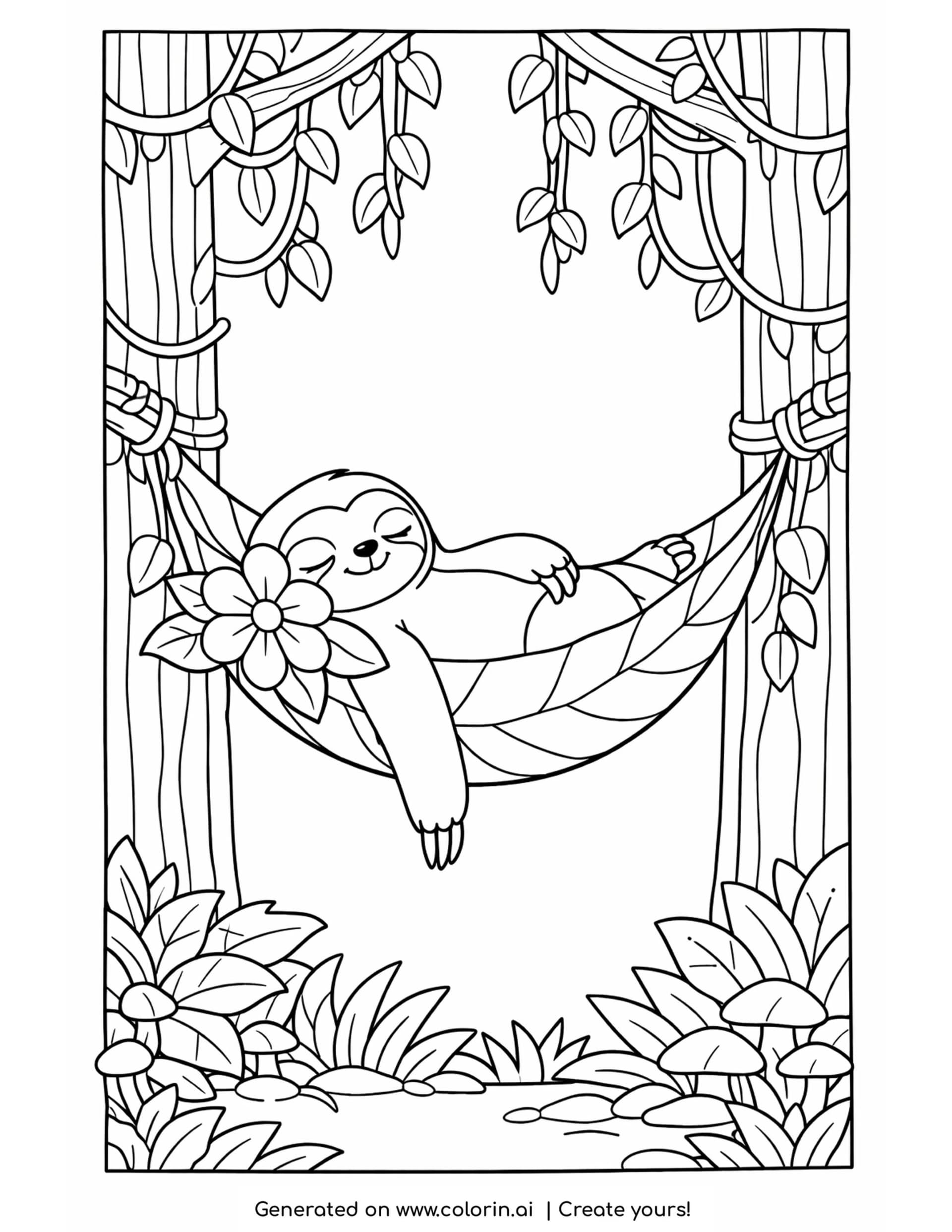 sloth coloring pages, a sloth relaxing in a leaf hammock between two jungle trees