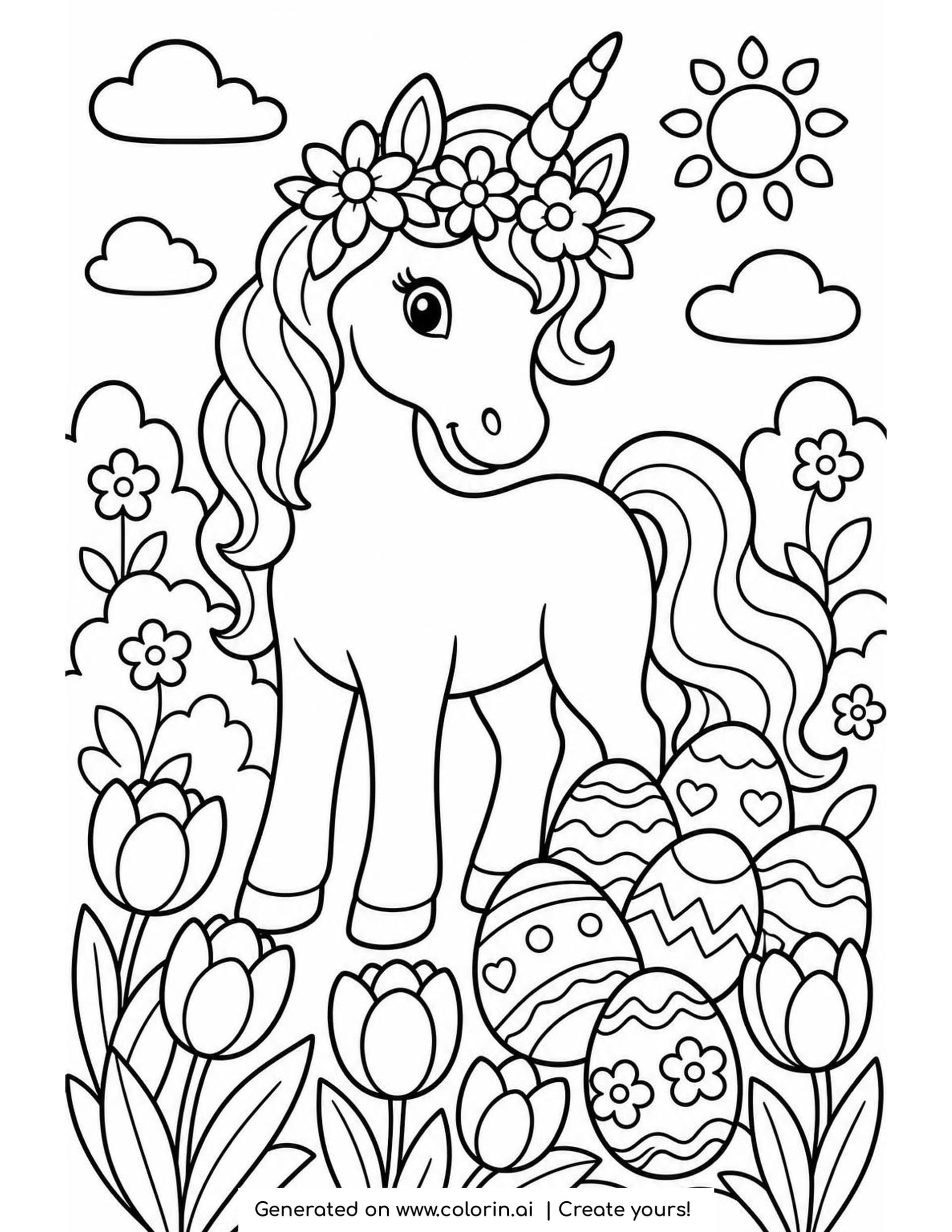 Easter unicorn coloring page of a unicorn in a crown of spring flowers standing beside a pile of six decorated eggs, with tulips along the bottom