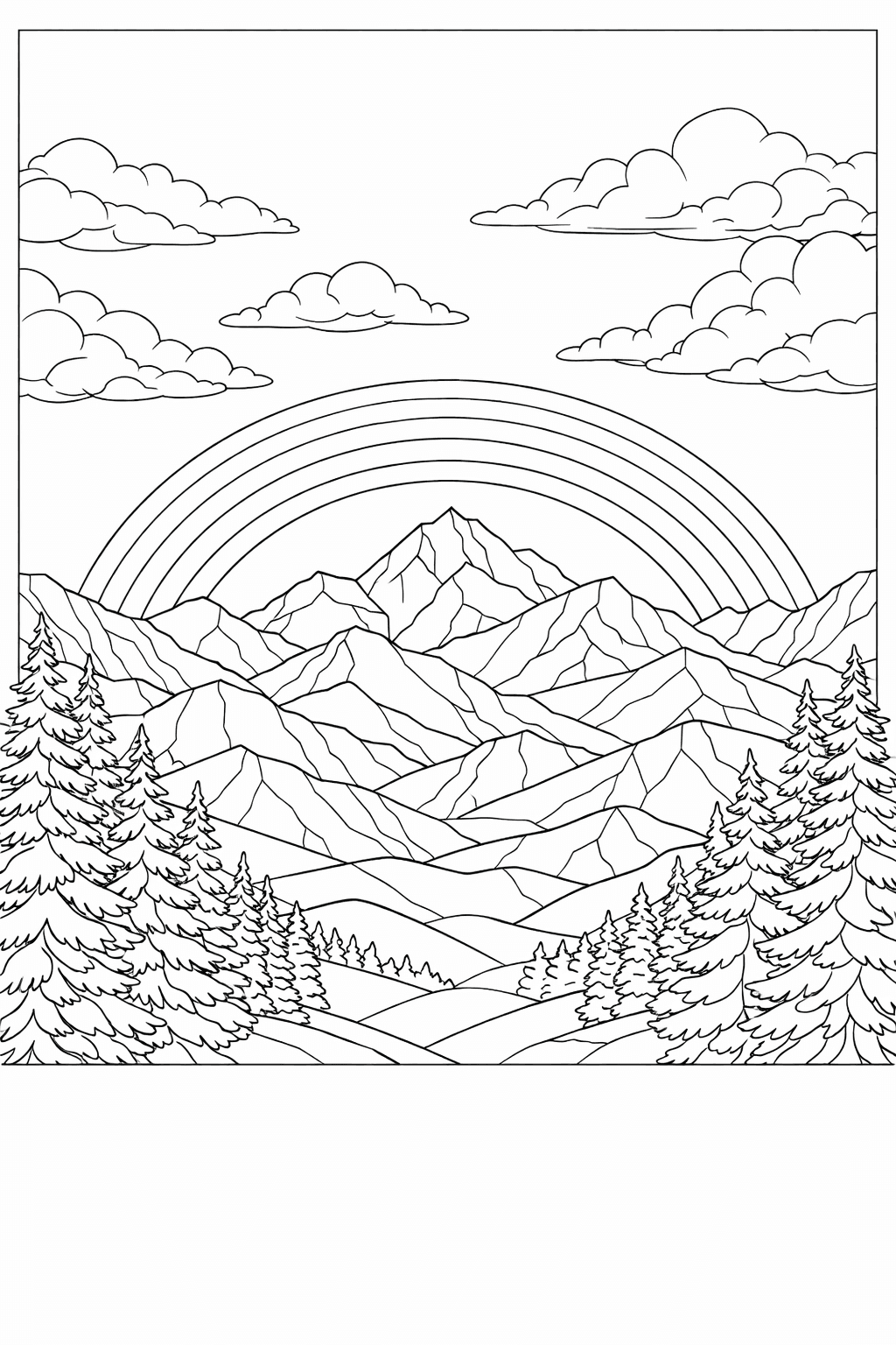 rainbow coloring pages for adults, a detailed rainbow arching over a layered mountain range with pine forests and drifting clouds