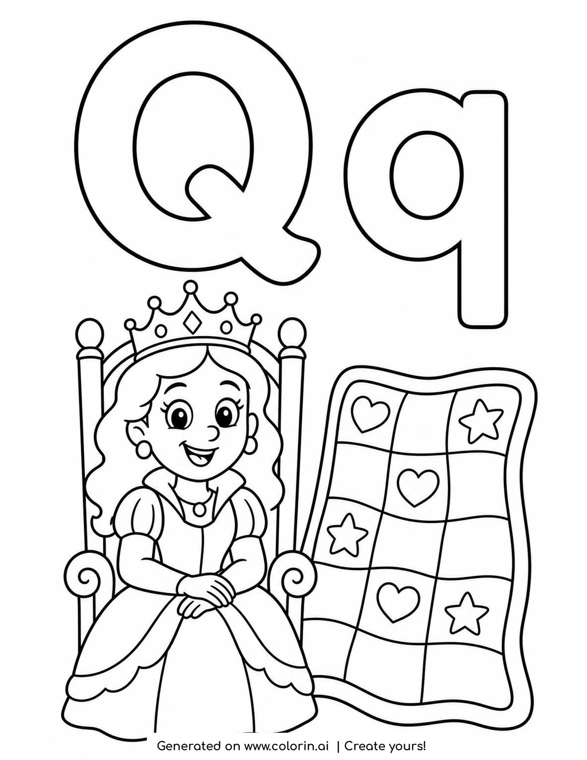 A letter Q coloring page with a big hollow Q and q, a smiling queen with a crown sitting on a throne and a patchwork quilt with hearts and stars