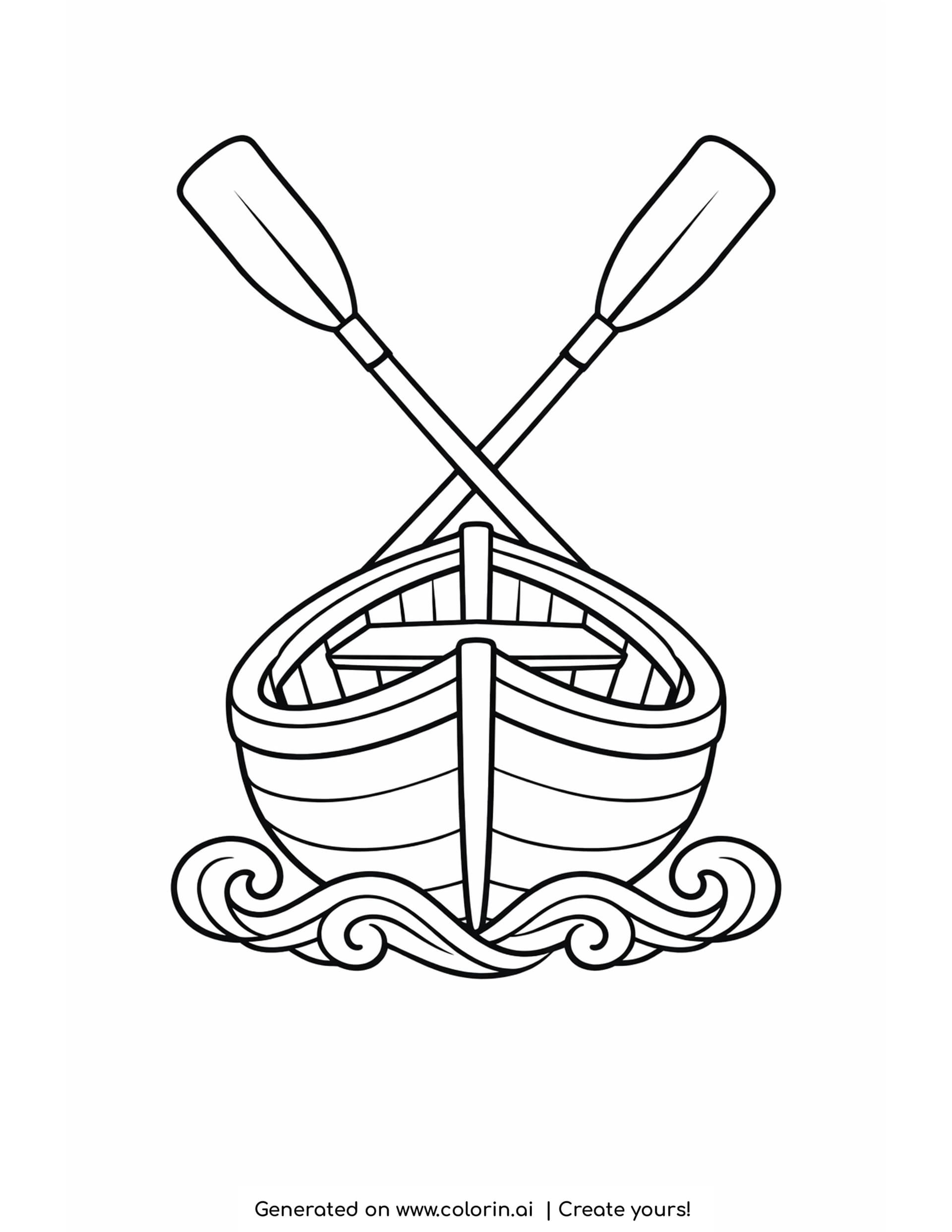 row boat coloring page - a simple rowboat seen from the front with two oars crossed above it and four spiral wave curls below