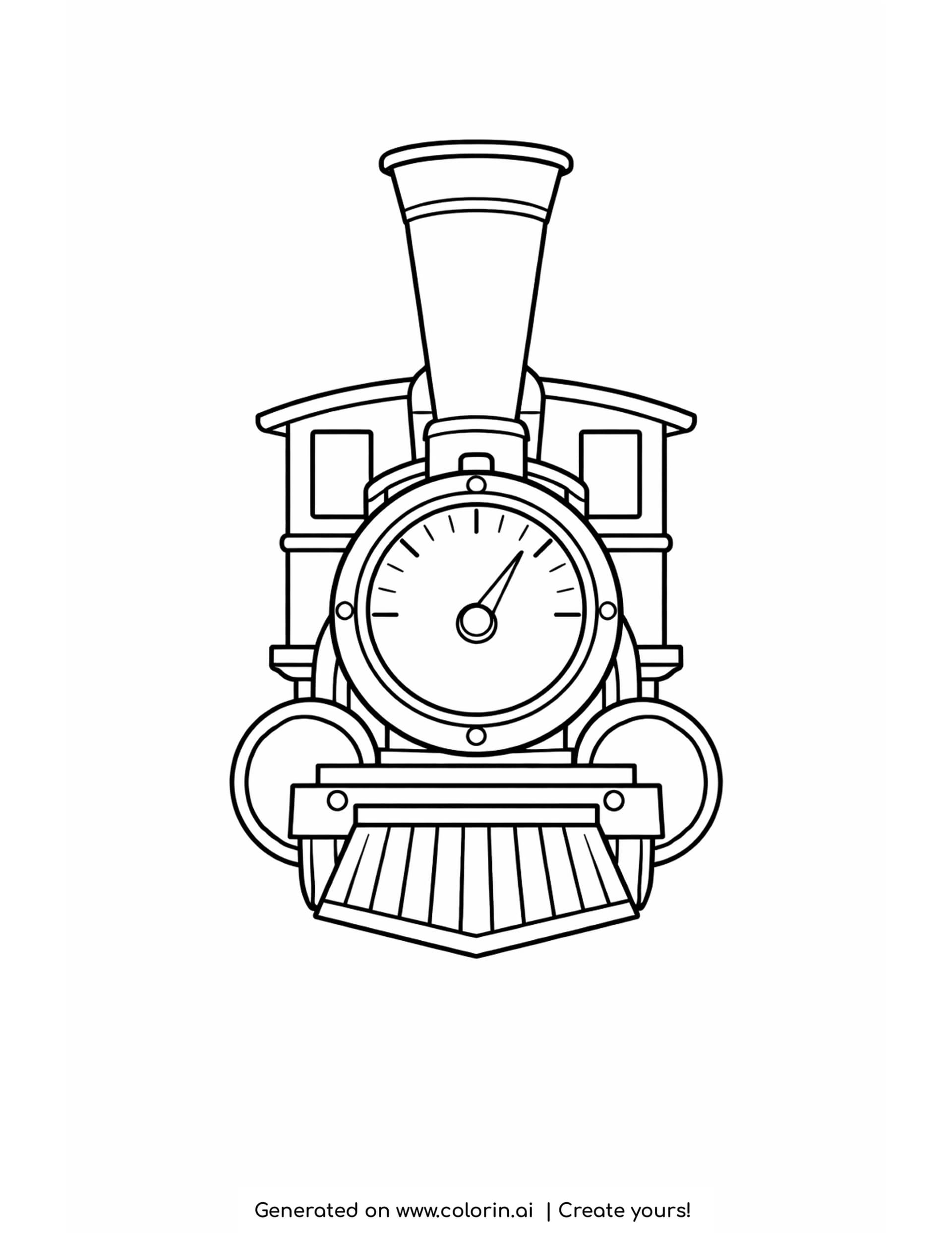 simple steam train coloring pages: a steam engine head on with a tall flared funnel, two big wheels and a round boiler face