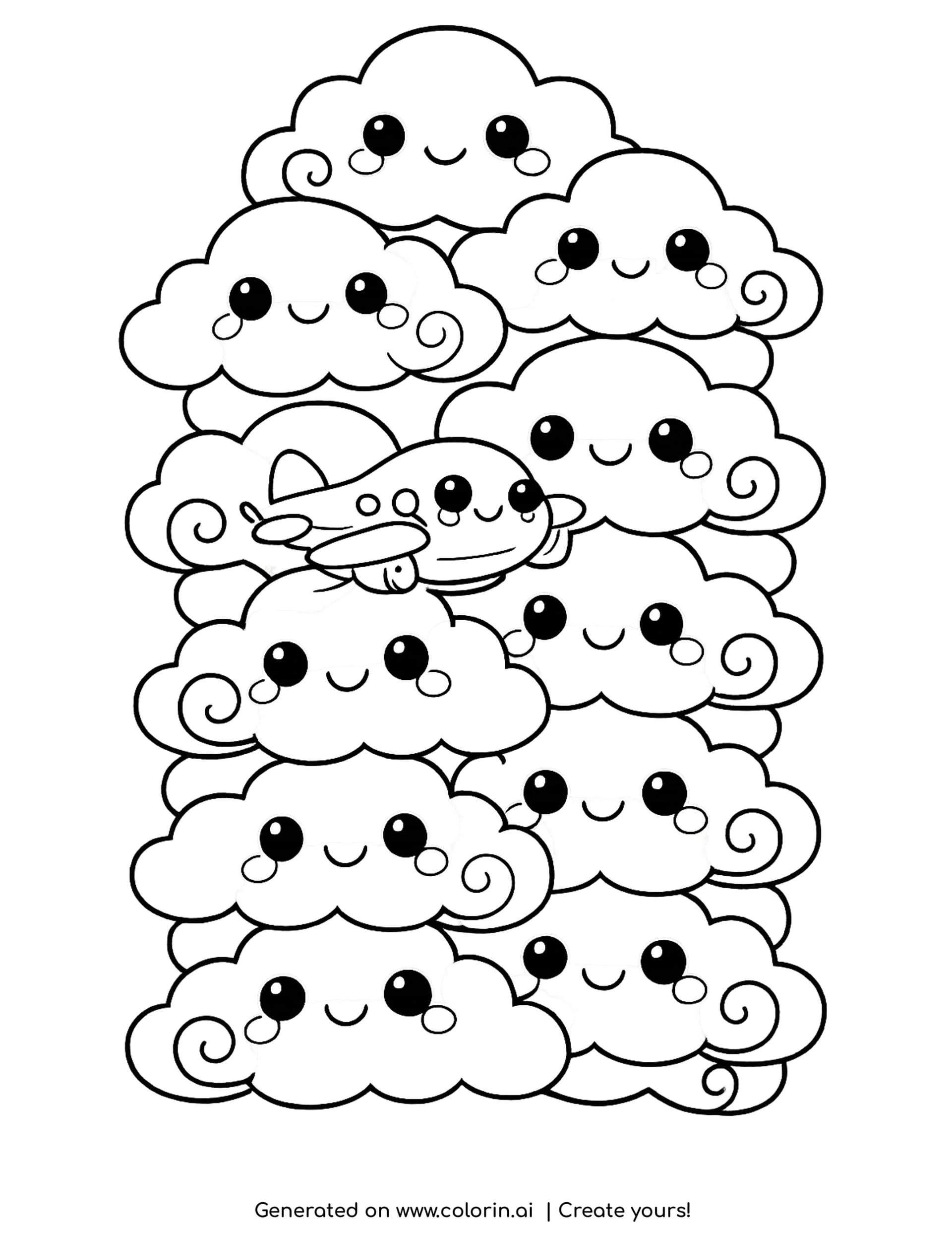 cloud coloring pages — tall stack of fourteen smiling clouds with a small airplane flying between them