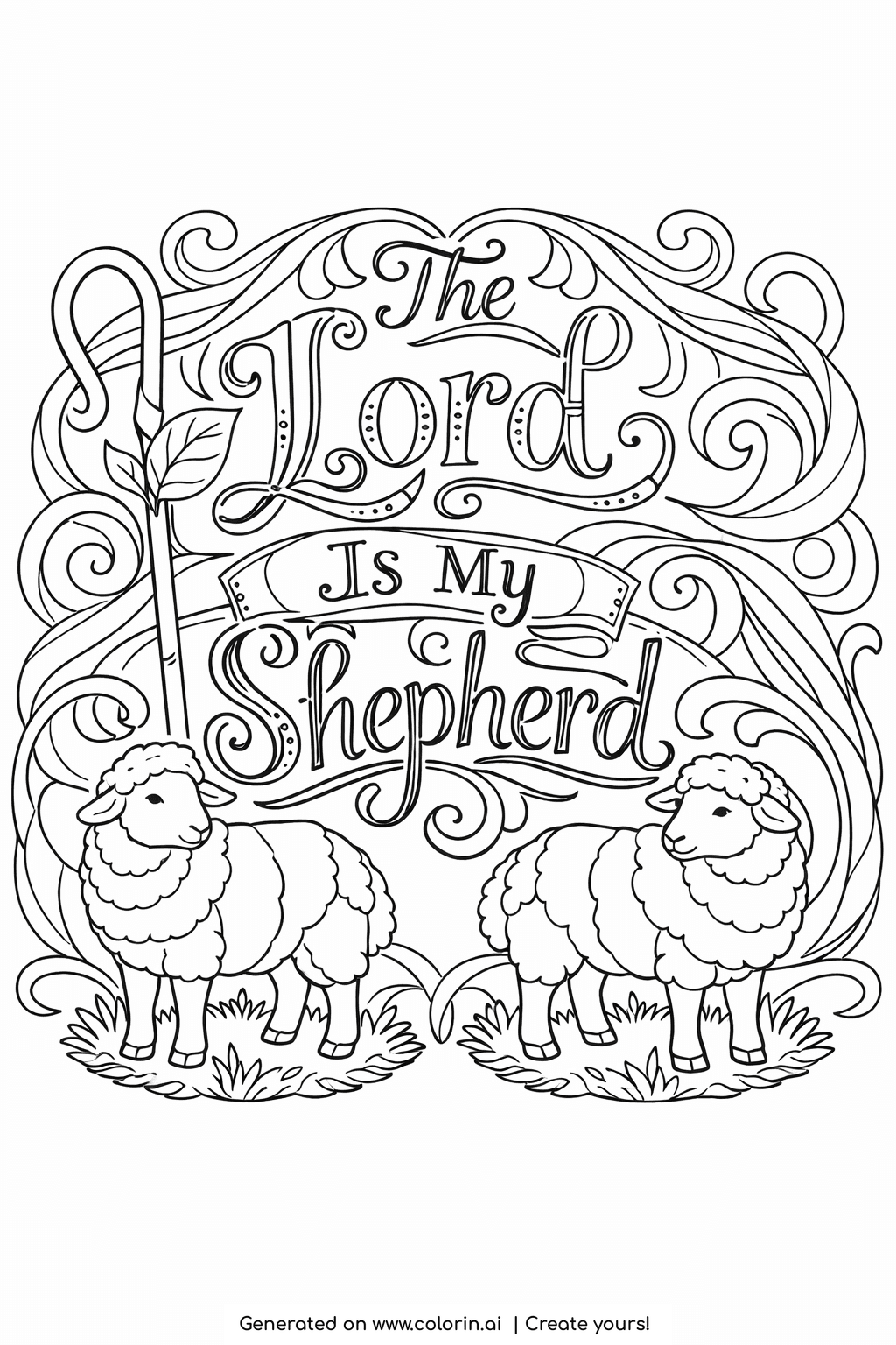 bible verse coloring pages, The Lord Is My Shepherd script with a shepherd's crook and two grazing sheep