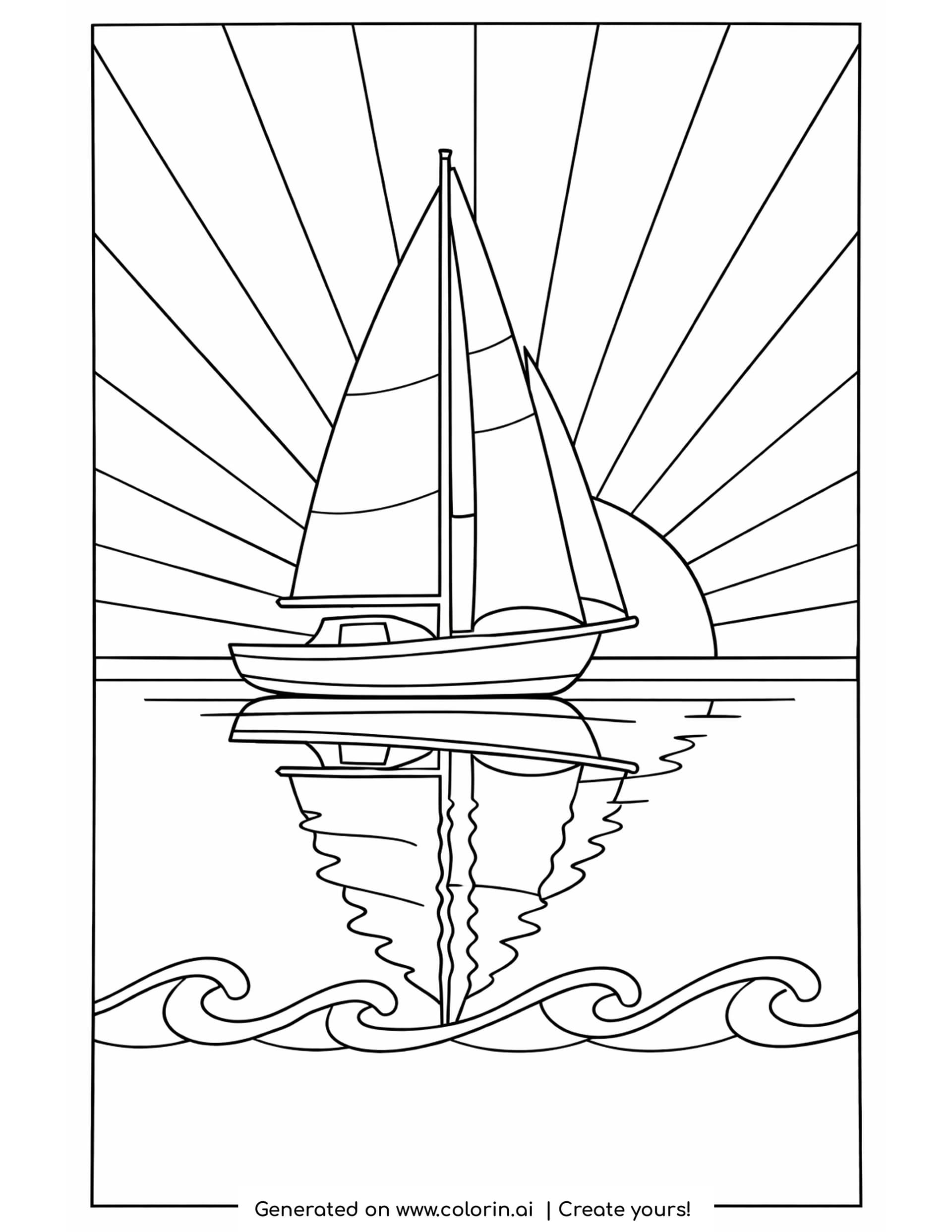 sailboat at sunset coloring pages - a sailboat gliding toward a half sun with long straight rays across the sky and a mirrored reflection below
