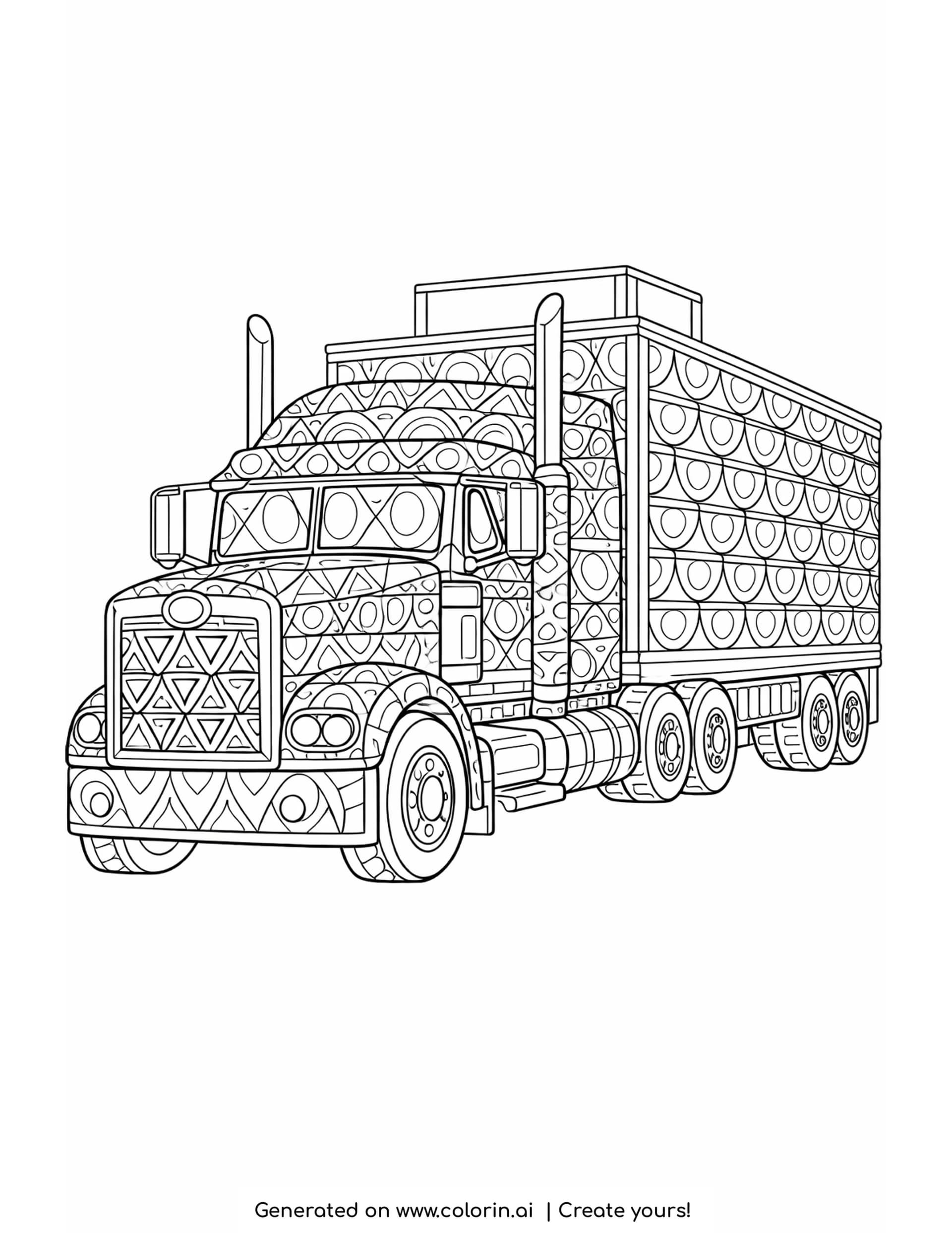 patterned semi truck coloring pages: a zentangle semi truck and trailer filled with repeating decorative patterns