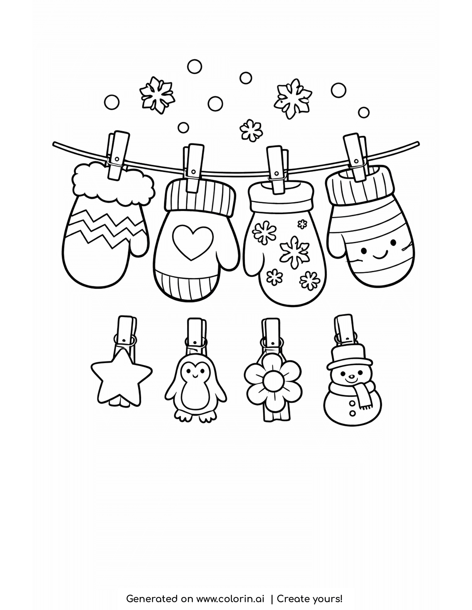 mittens coloring pages, four patterned mittens pinned on a line with small hanging charms and snowflakes