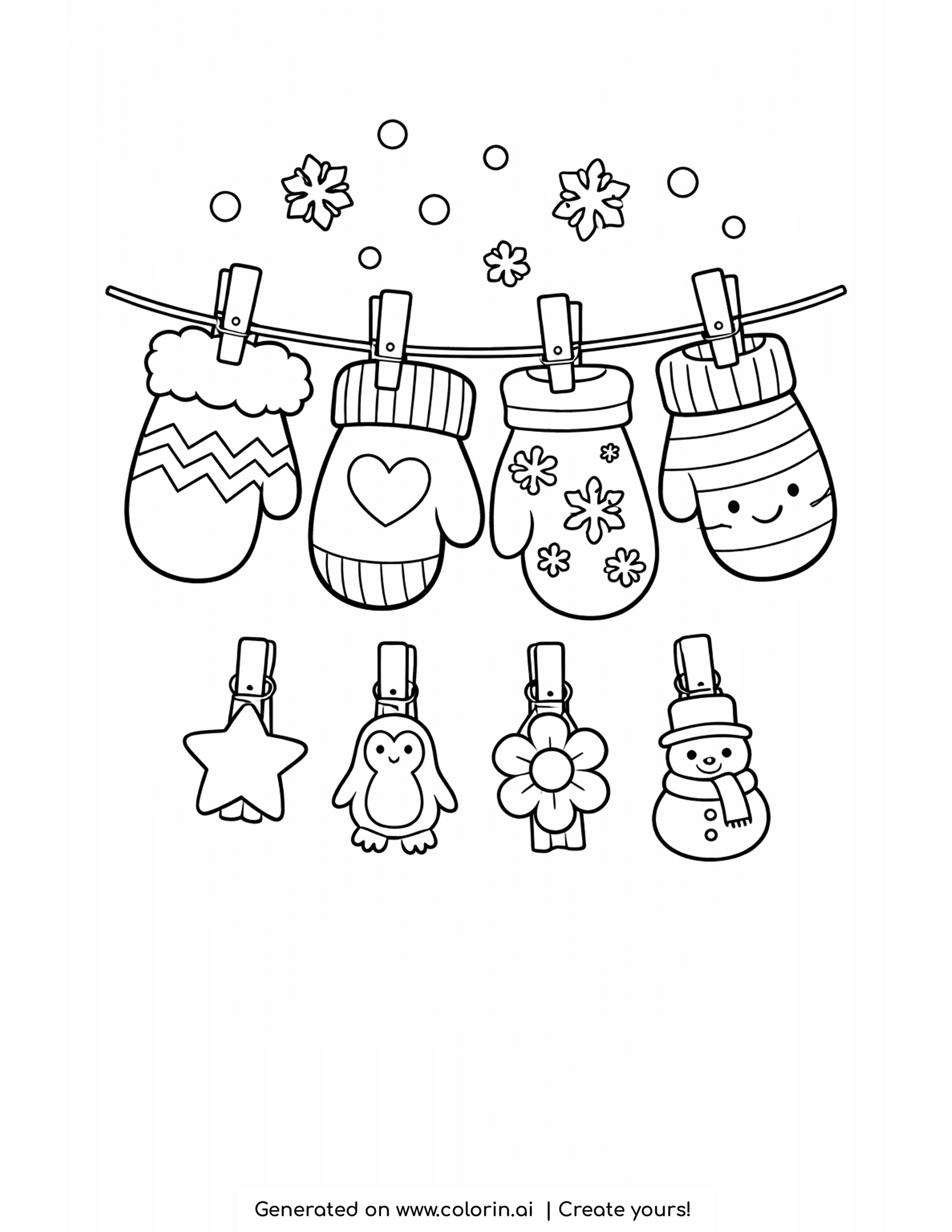 mittens coloring pages, four patterned mittens pinned on a line with small hanging charms and snowflakes
