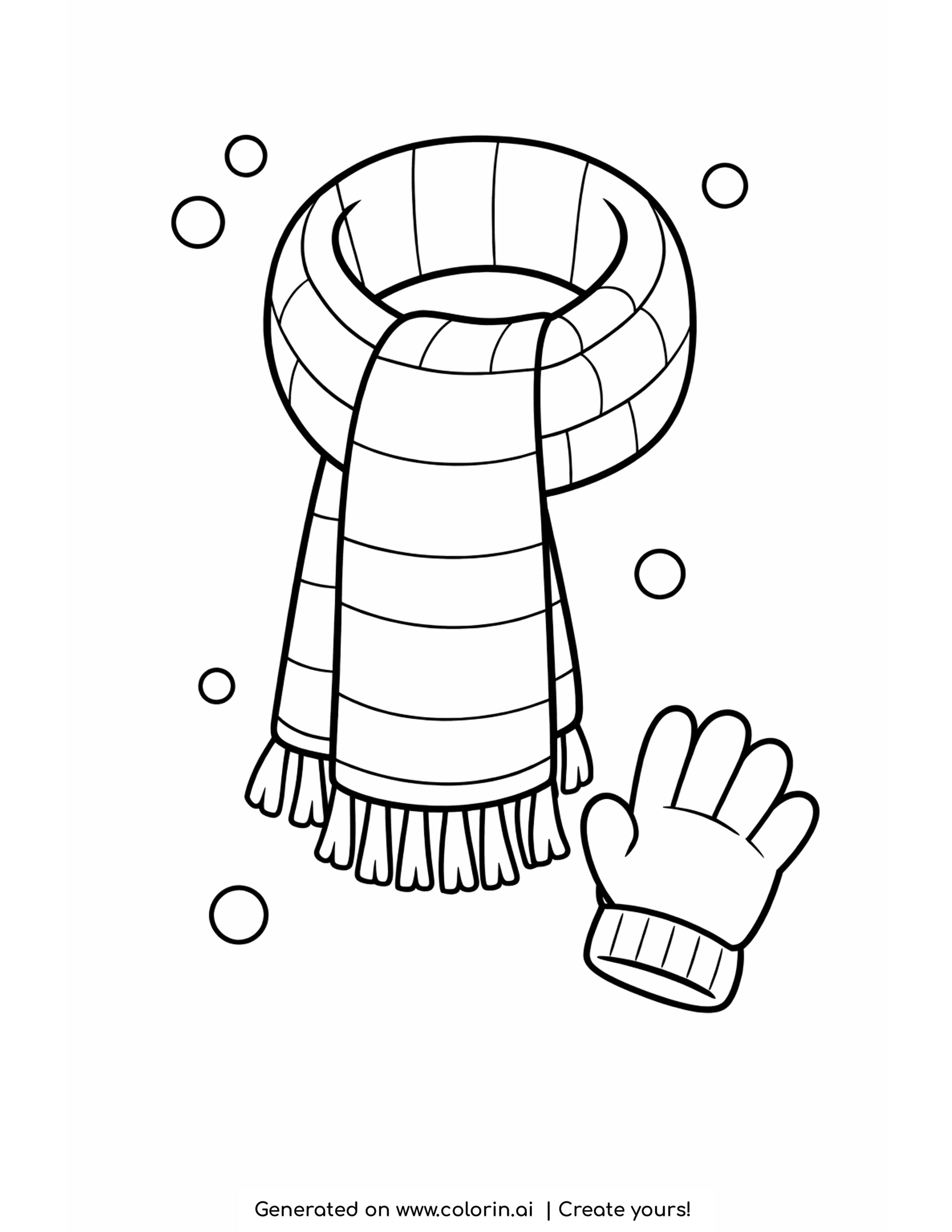 winter clothes coloring pages, a warm knitted scarf coiled into a loop with a matching mitten and snowflakes