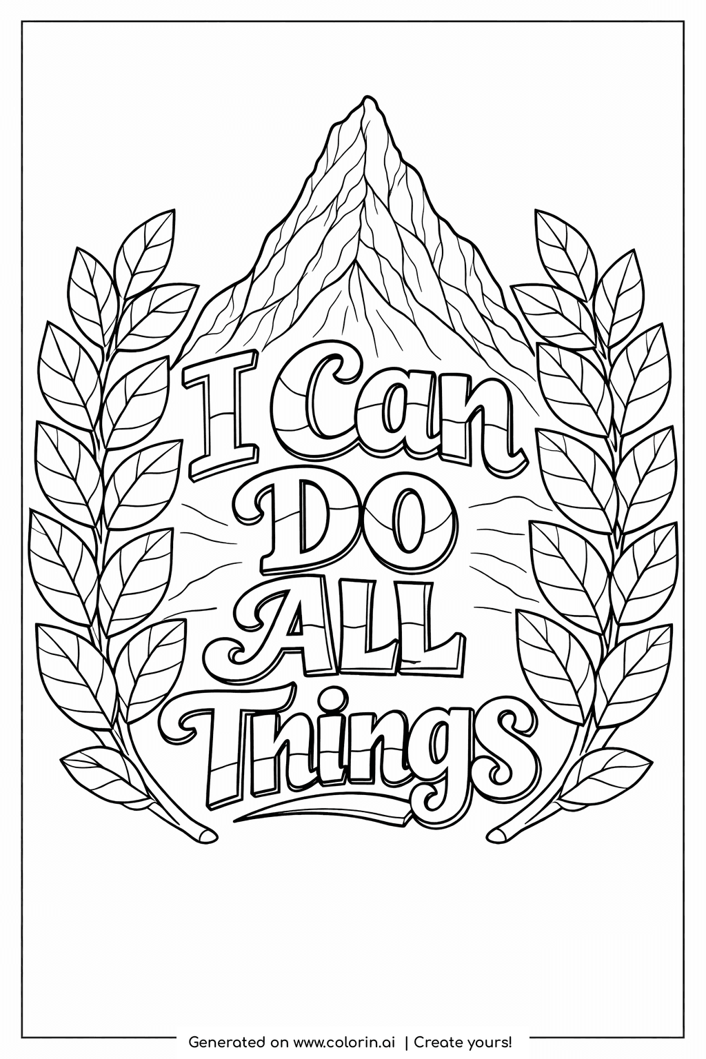 encouraging bible verse coloring pages, I Can Do All Things bold lettering with a mountain peak and laurel leaves