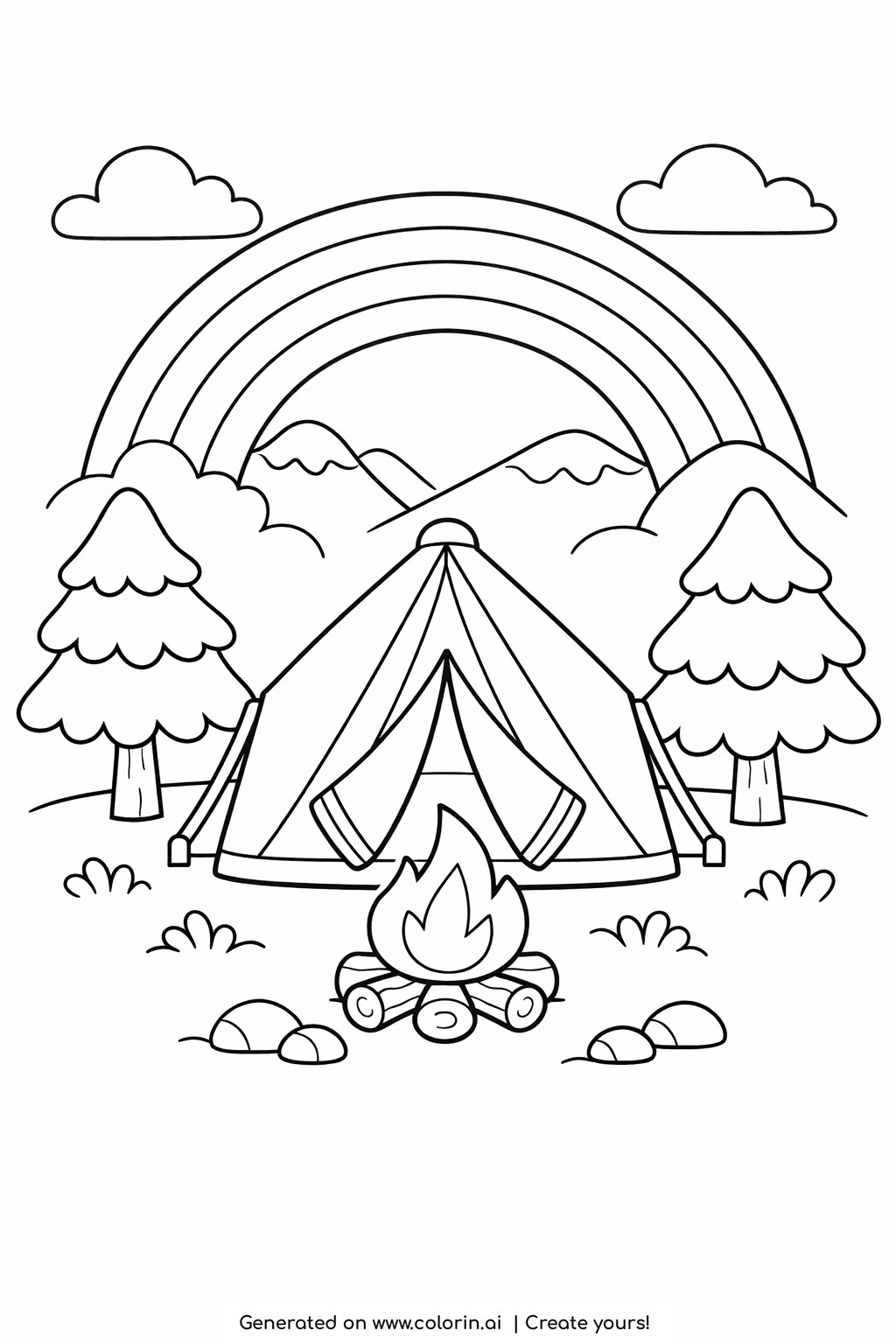 rainbow coloring pages, a rainbow arching over a camping tent with a crackling campfire and tall pine trees