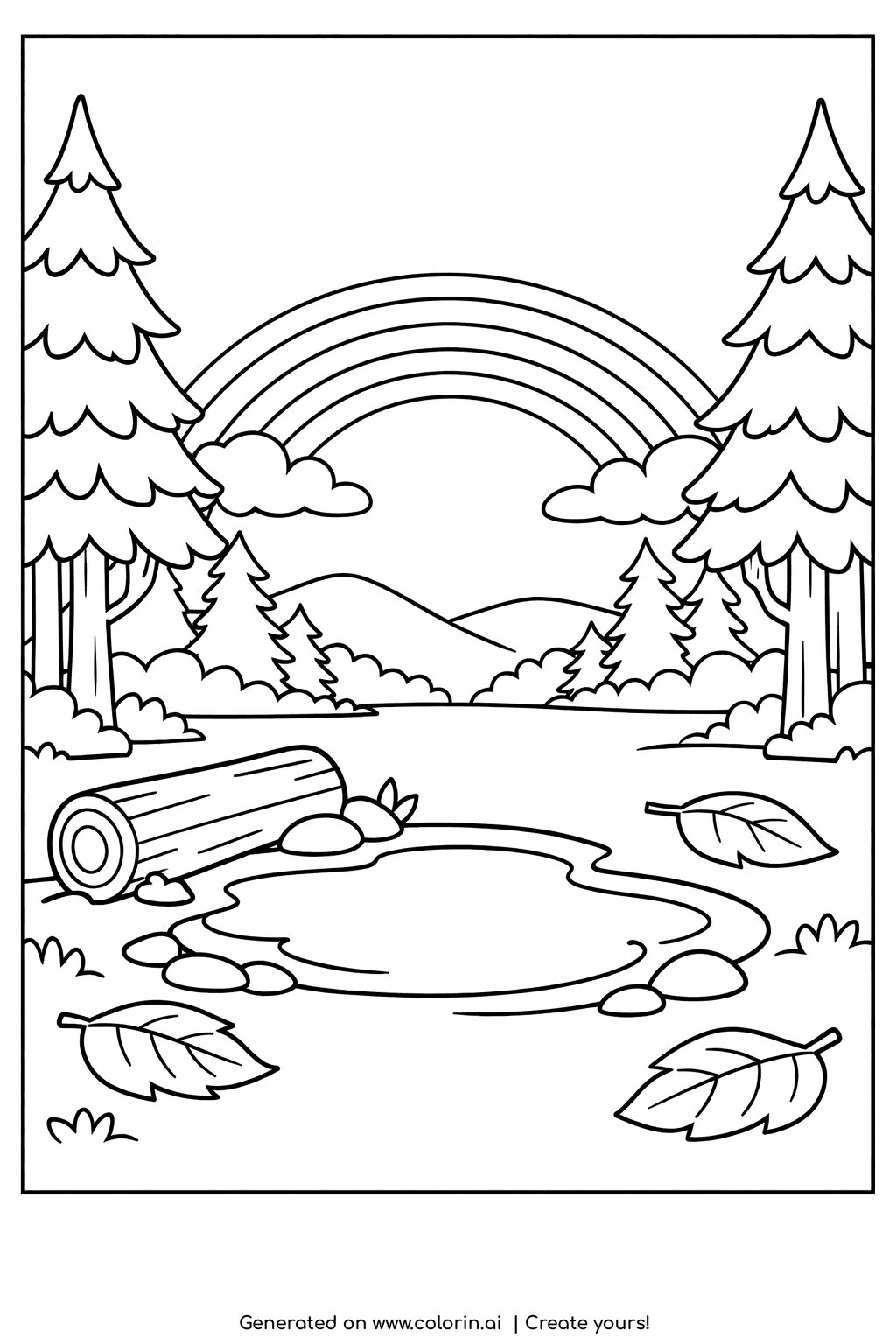 free printable rainbow coloring pages, a rainbow above a forest clearing ringed by tall trees, with a small pond and a fallen log