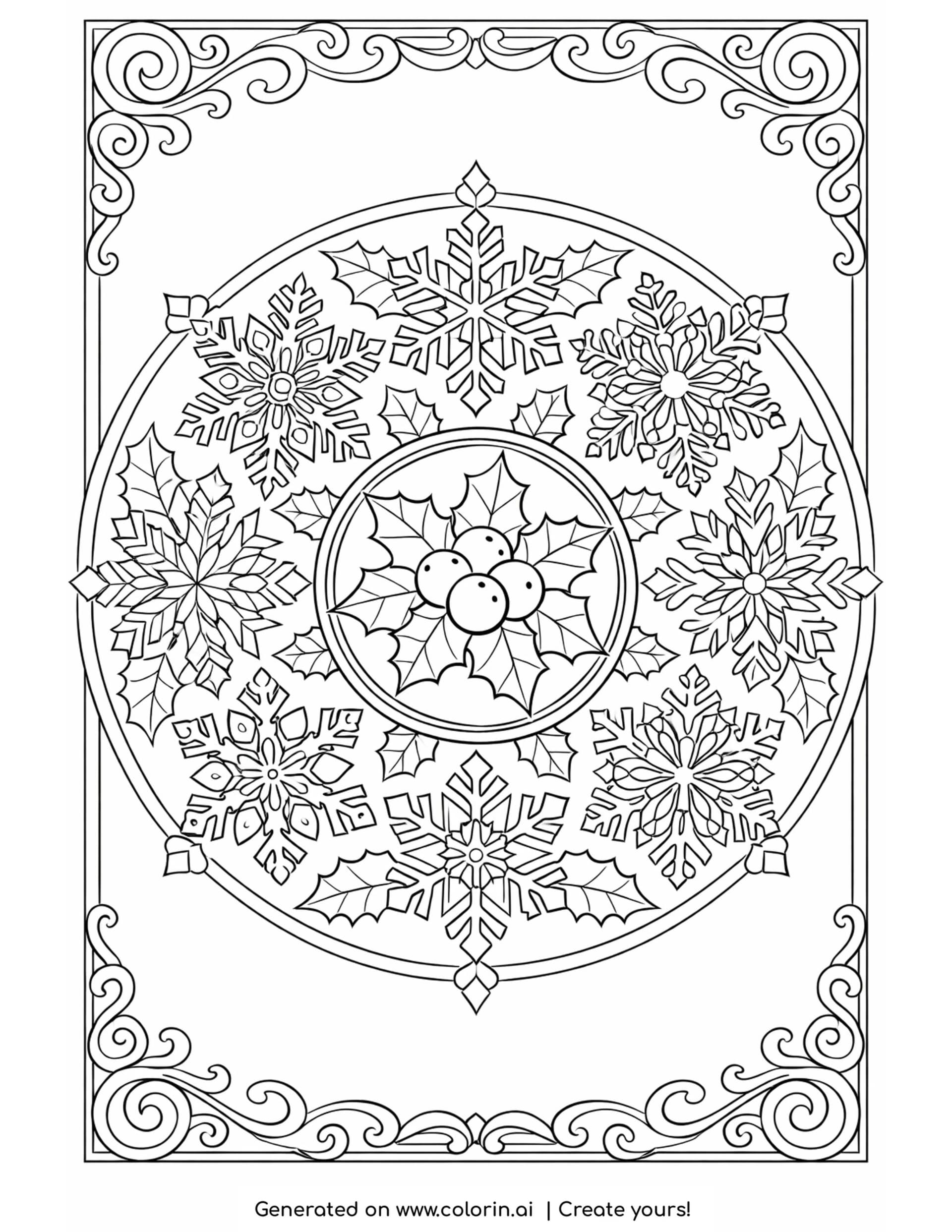 adult christmas coloring pages, a symmetrical mandala of snowflakes and holly with an ornate scrollwork border