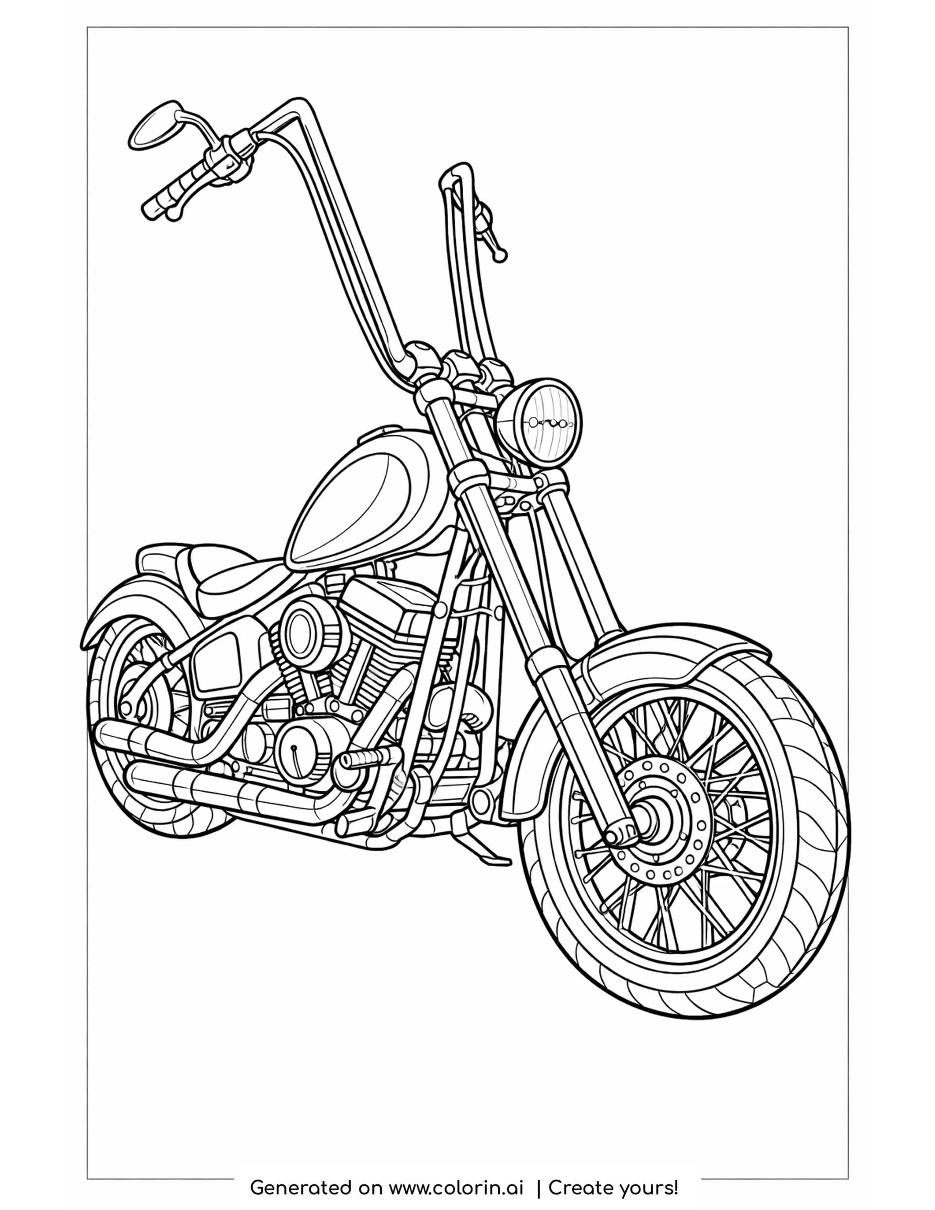 classic chopper coloring pages - detailed classic chopper with long chrome forks rising up the page and spoked wheels